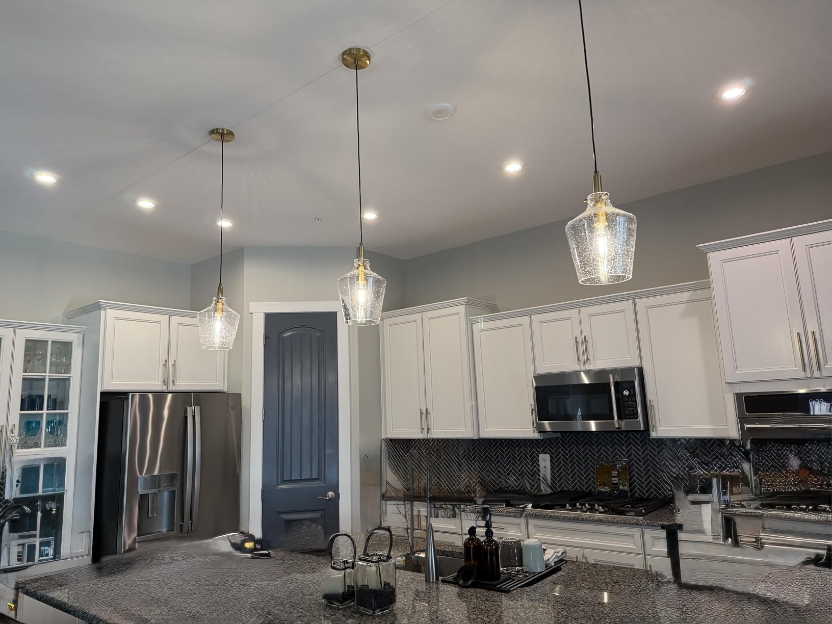 Modern Glass Pendant Lighting for Kitchen Island 2 Pack, Farmhouse Black and Gold Pendant Light Fixtures, Adjustable Hanging Ceiling Light, Angled Clear Glass Shades 8 Inch customer photo 2