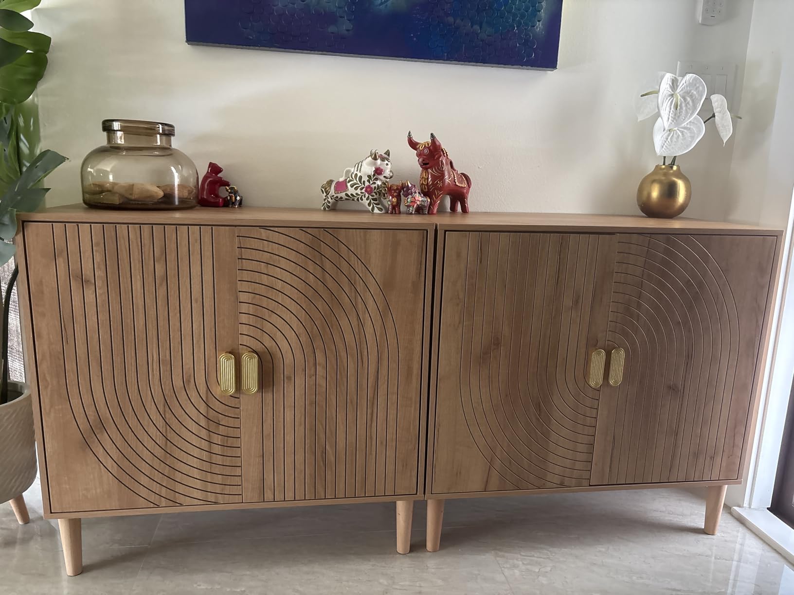 Smuxee Walnut Sideboard Cabinet, Freestanding Buffet Cabinet with Line Groove Design, Wood Storage Cabinet with Adjustable Shelf for Living Room, Entryway, Hallway customer photo 1