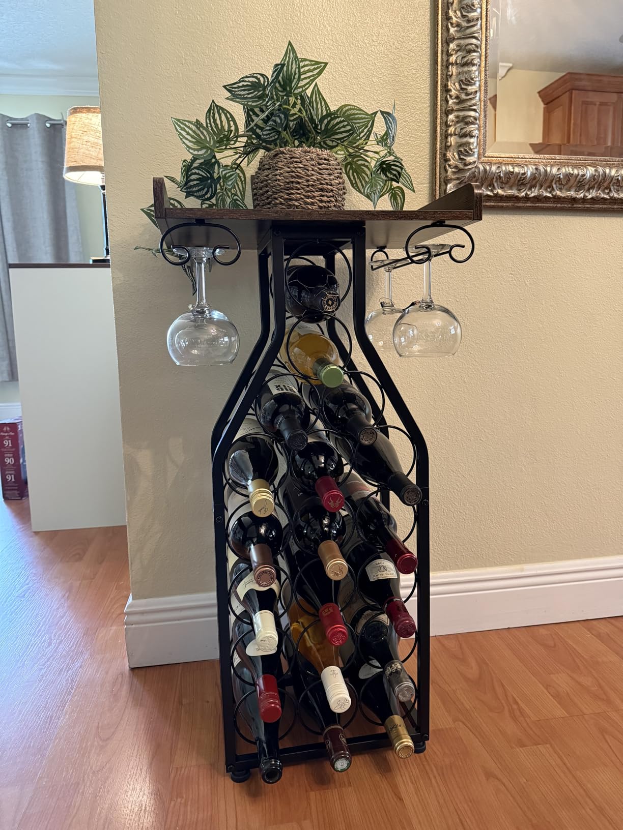 X-cosrack Wine Rack Freestanding Floor, Wine Storage Rack Mini Bar Table with Tabletop, Glass Holder Wine Bottle Display Stand Liquor Cabinet for Home Bar Kitchen Living Room customer photo 1