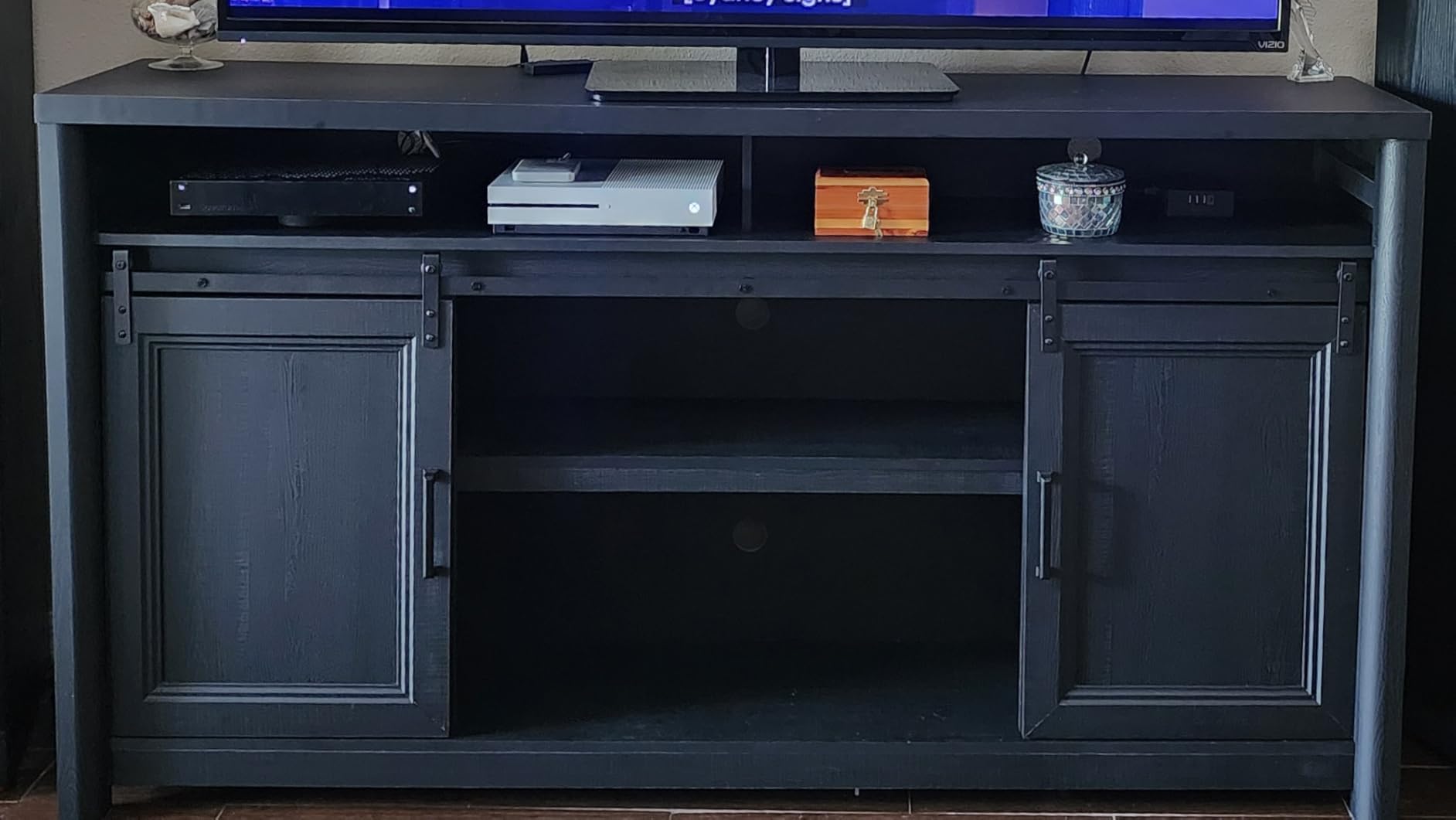 Farmhouse TV Stand for Living Room, Entertainment Center with Storage, Walnut TV Console for Bedroom, Media Storage Cabinet with Sliding Barn Doors & Adjustable Shelves, Fits 80 Inch TV, Rustic Wood customer photo 1