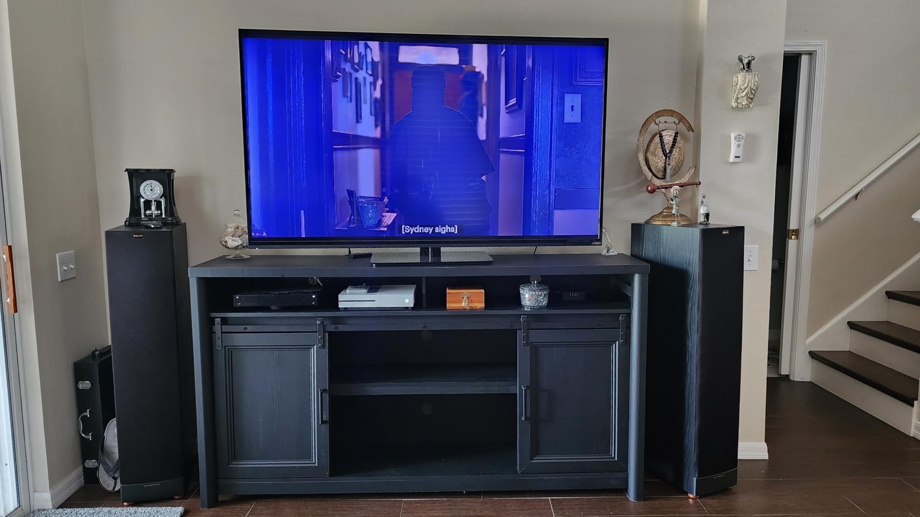 Farmhouse TV Stand for Living Room, Entertainment Center with Storage, Walnut TV Console for Bedroom, Media Storage Cabinet with Sliding Barn Doors & Adjustable Shelves, Fits 80 Inch TV, Rustic Wood customer photo 2