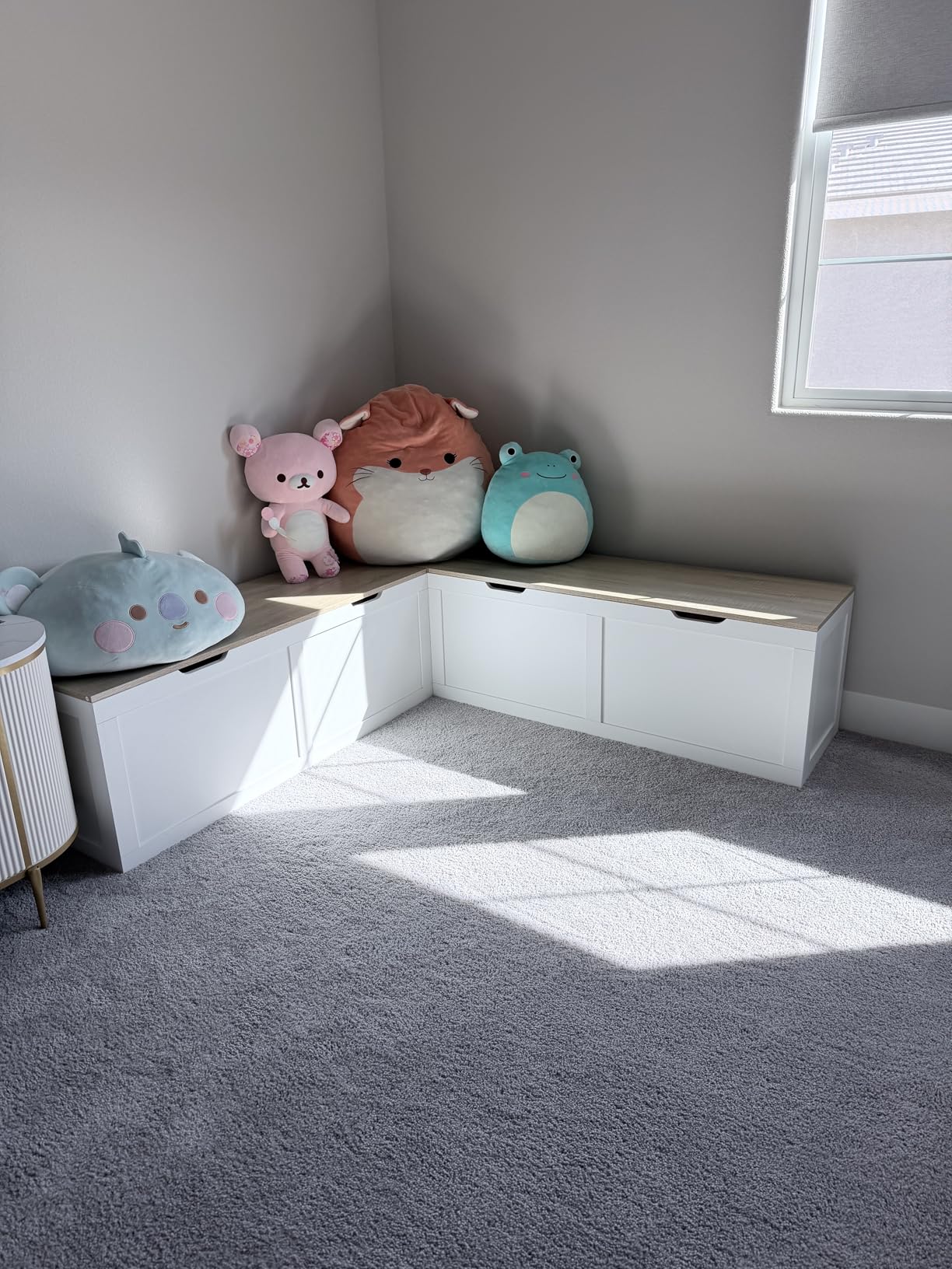 L Shaped Breakfast Nook Bench with Lift Top Hidden Storage, Space-Saving Corner Bench for Kitchen Foyer Living Room, Backless, White and Oak, 63