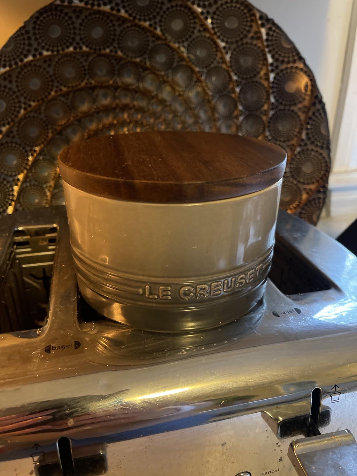 Le Creuset Signature Small Salt Cellar and Storage Canister with Wood Lid, 7 oz., Artichaut customer photo 2