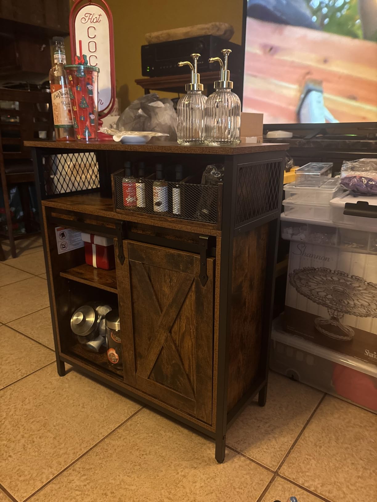 VASAGLE Buffet Cabinet, Coffee Bar Storage Cabinet, Sideboard with 2 Sliding Barn Doors, Adjustable Shelves, 13 x 39.4 x 31.5 Inches, for Living Room, Rustic White and Honey Brown ULSC092W01 customer photo 2
