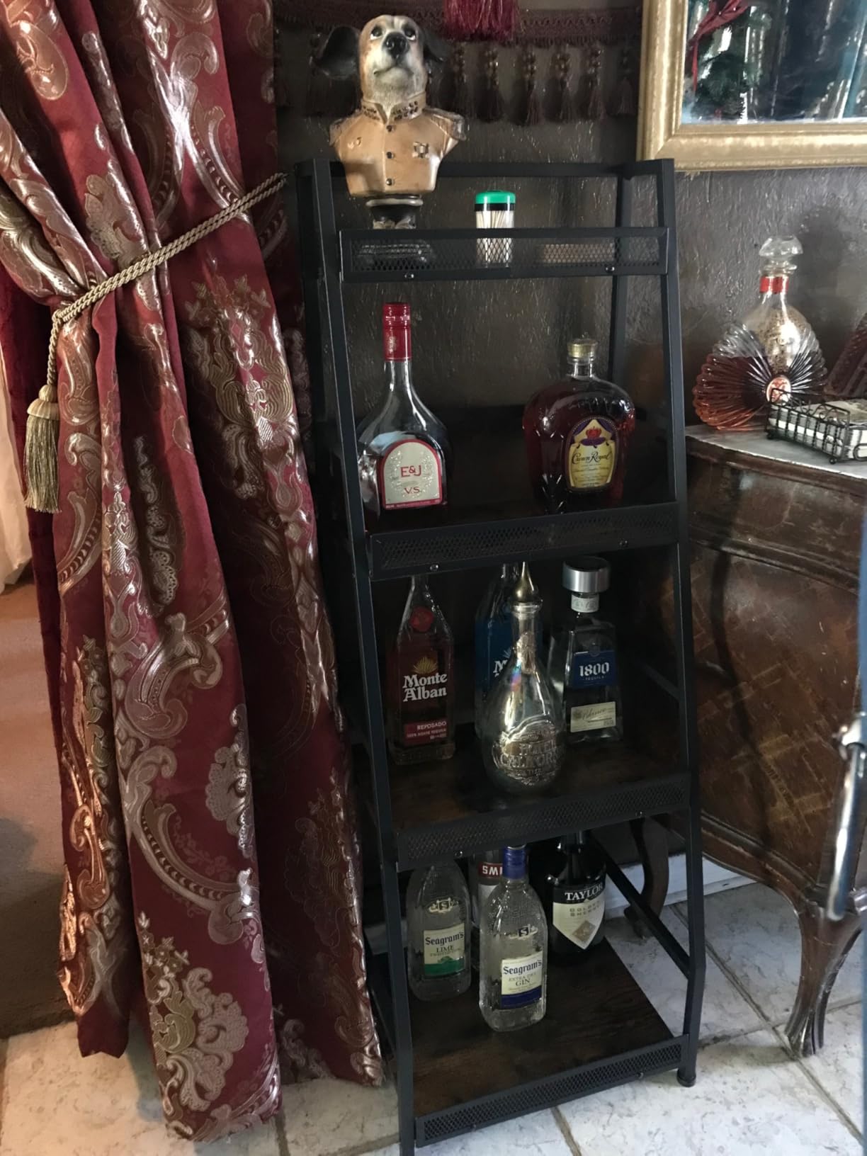 4-Tier Trapezoid Liquor Stand for Home Bar, Stepped Wine Rack Freestanding Floor for Liquor Whiskey Wine, Versatile Corner Wine Bottle Display Stand with Fences, Vintage Brown（Patent Pending） customer photo 2