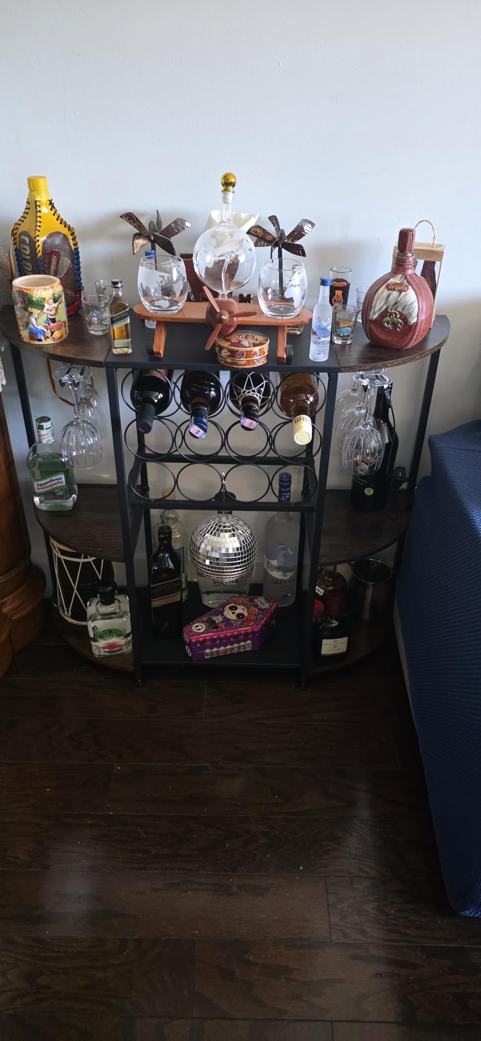 JKsmart Wine Bar Cabinet with LED Lights, Mini Wine Rack with Storage and Glass Holder, Home Bar Cart for Liquor, 3-Tier Bar Table for Kitchen, Dining Room, Living Room, Rustic Brown customer photo 2