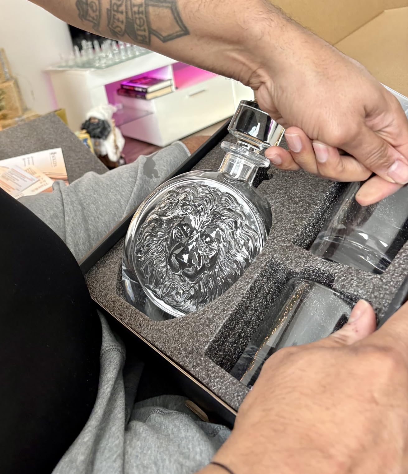 Engraved Lion Whiskey Decanter Set Gift for Men with 2 Lion-Engraved Shot Glasses & 2 Whiskey Ice Balls customer photo 1