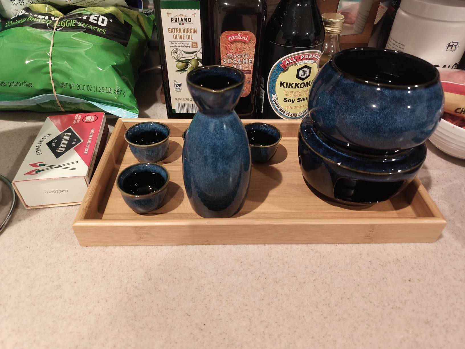 DUJUST 10 pcs Japanese Sake Set with Warmer for 6, Kiln Altered Glaze Porcelain Sake Set, 6 Sake Cups, 1 Sake Bottle, 1 Warmer, 1 Candle Stove, 1 Tray&1 Box, Warm Sake Carafe, Japanese Gifts- Darkblue customer photo 1