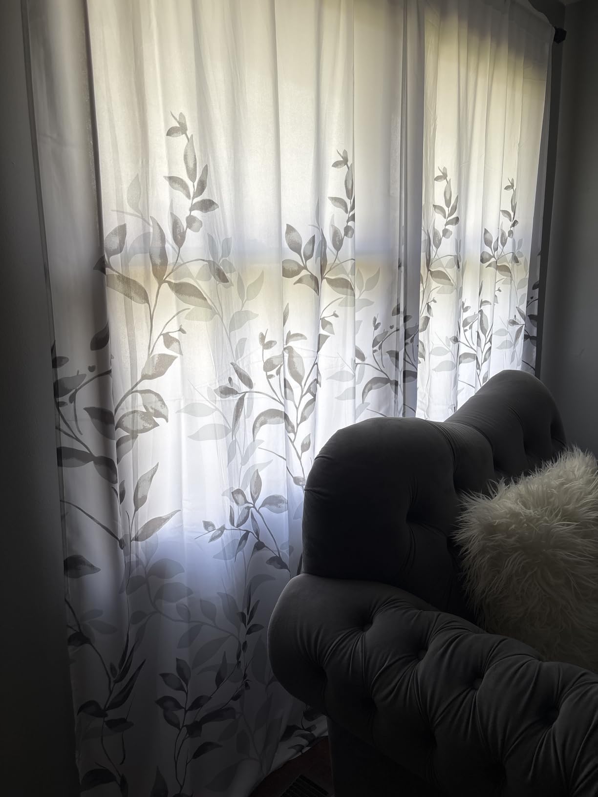 HOMEIDEAS Kitchen Curtains, Short Non-See-Through Privacy 30X36 Inch Length Tier Curtains, Grey and White Leaf Floral Printed Light Filtering Semi Sheer Small Window Drapes for Bathroom Cafe, 2 Panels customer photo 1