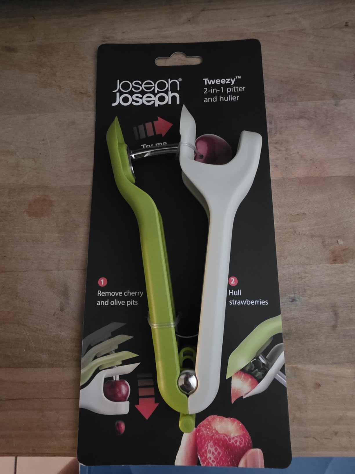 Joseph Joseph Tweezy 2-in-1 Cherry Olive Pitter and Strawberry Huller, Space saving storage, BPA free customer photo 1