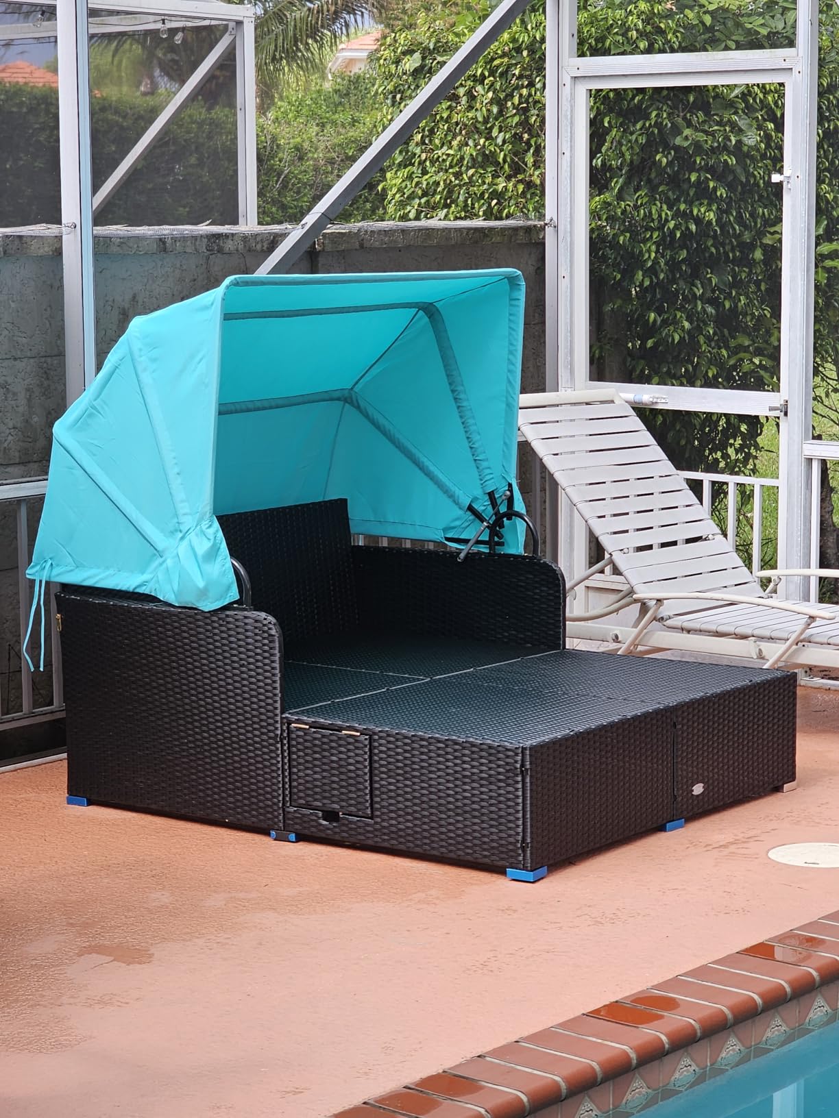 COSTWAY Outdoor Daybed with Retractable Canopy, Wicker Patio Furniture Set with Cushioned Pillows, Patio Rattan Daybed for Deck, Backyard, Poolside (Navy) customer photo 1