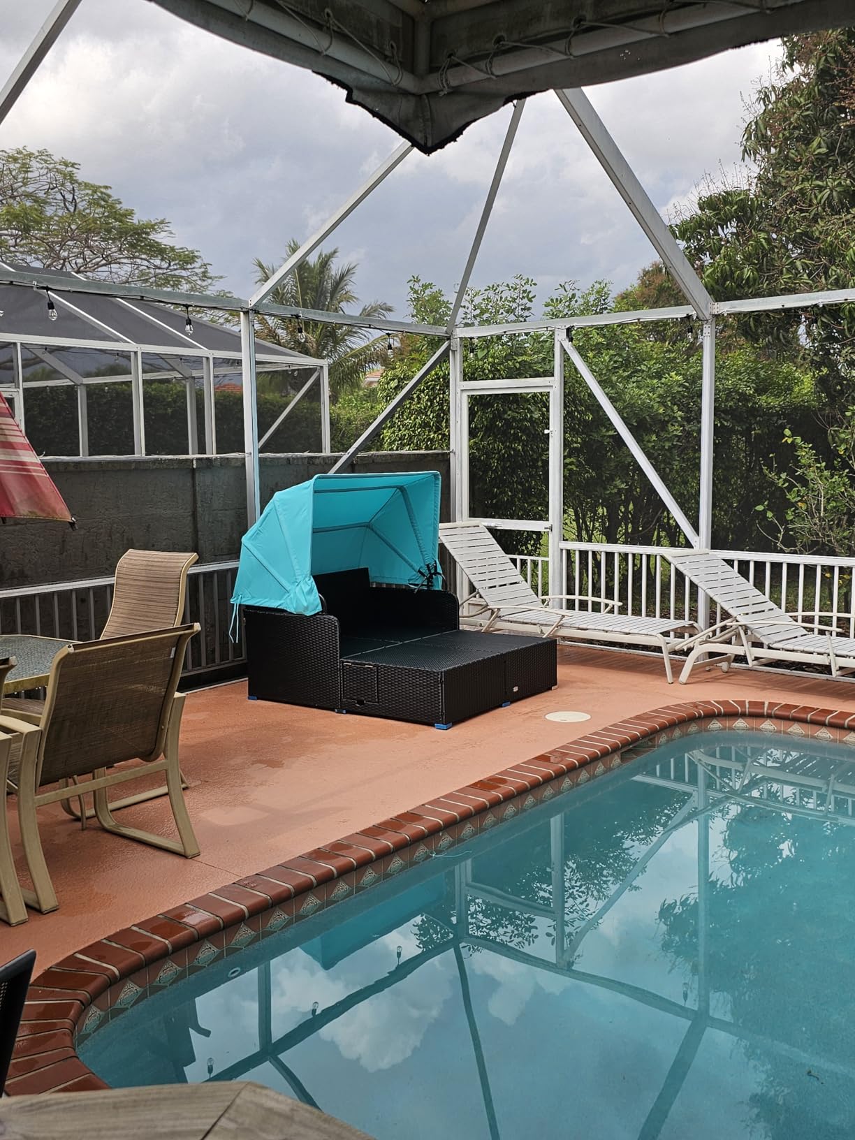 COSTWAY Outdoor Daybed with Retractable Canopy, Wicker Patio Furniture Set with Cushioned Pillows, Patio Rattan Daybed for Deck, Backyard, Poolside (Navy) customer photo 2