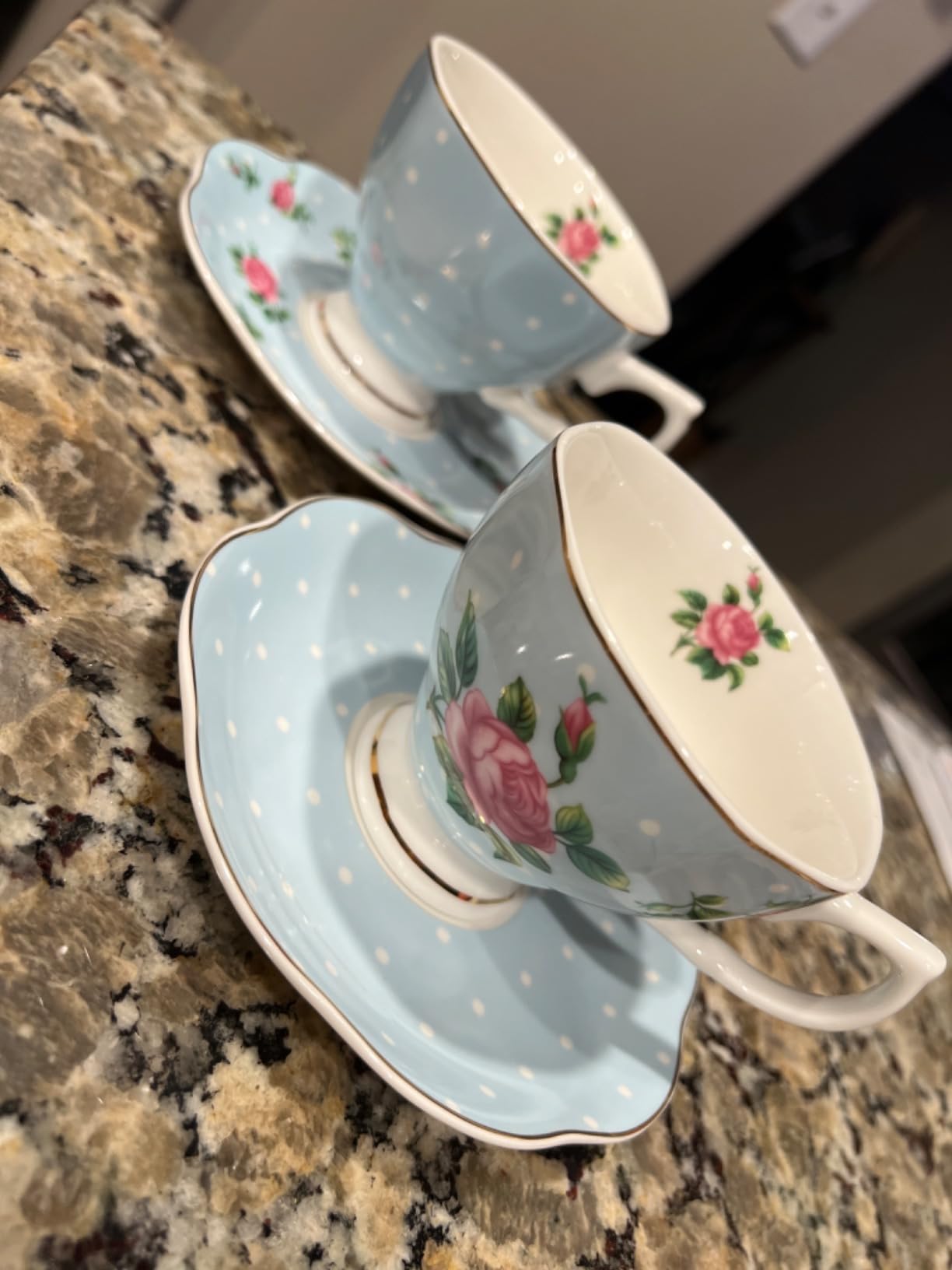 BTaT- Floral Tea Cups and Saucers, Set of 4, 8 oz, Fine Porcelain Teacup Set with Gold Trim for Afternoon Tea, Weddings, Parties & Gifting, Dishwasher Safe, Lightweight, Non-Toxic customer photo 1
