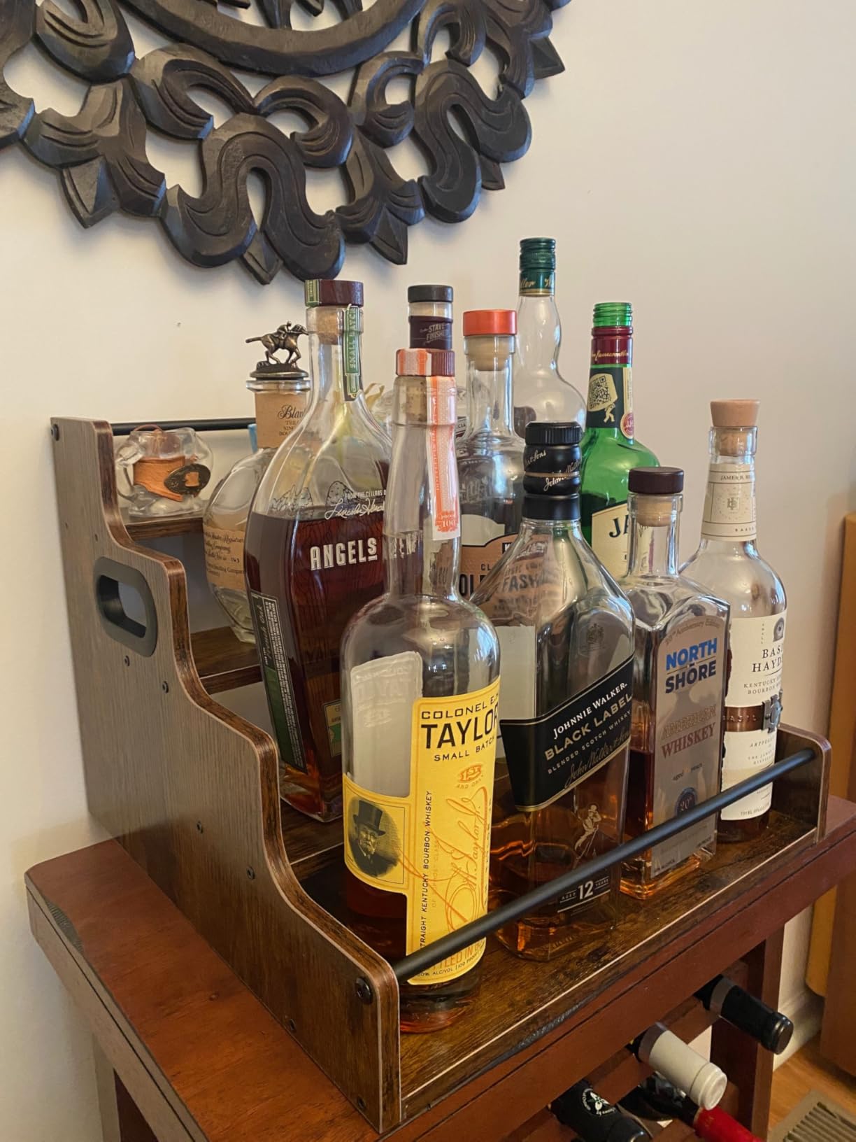 4-Tier Liquor Bottle Display Shelf, Coffee Syrup Rack Organizer, Water Bottle Organizer, Mini Bar Cabinet, Rustic Bar Shelves for Liquor Whiskey, Spirits customer photo 1