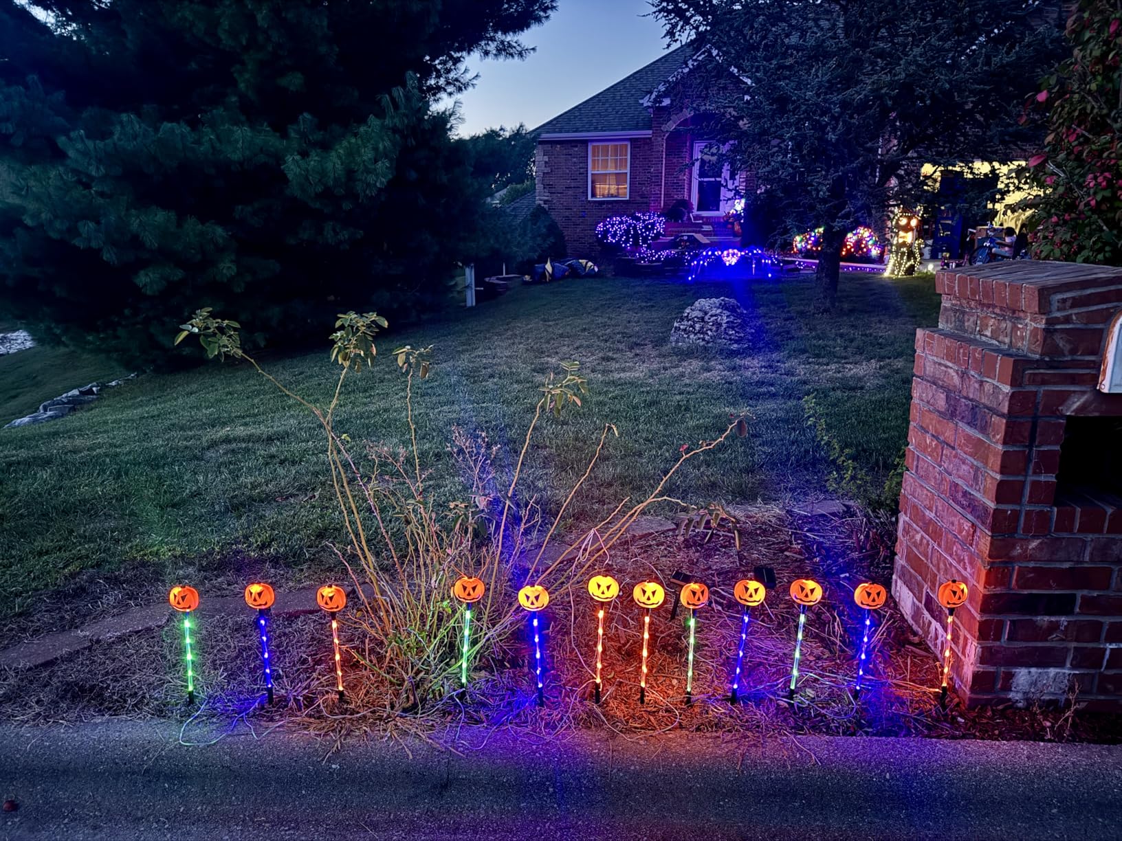 2025 Upgraded 12 Pack Halloween Solar Pumpkin Lights Outdoor Decorations, 8 Modes Waterproof Halloween Pathway Stake Lights with 84 Colorful LEDs, Pumpkin Decor for Garden, Yard, Party, Multicolor customer photo 2