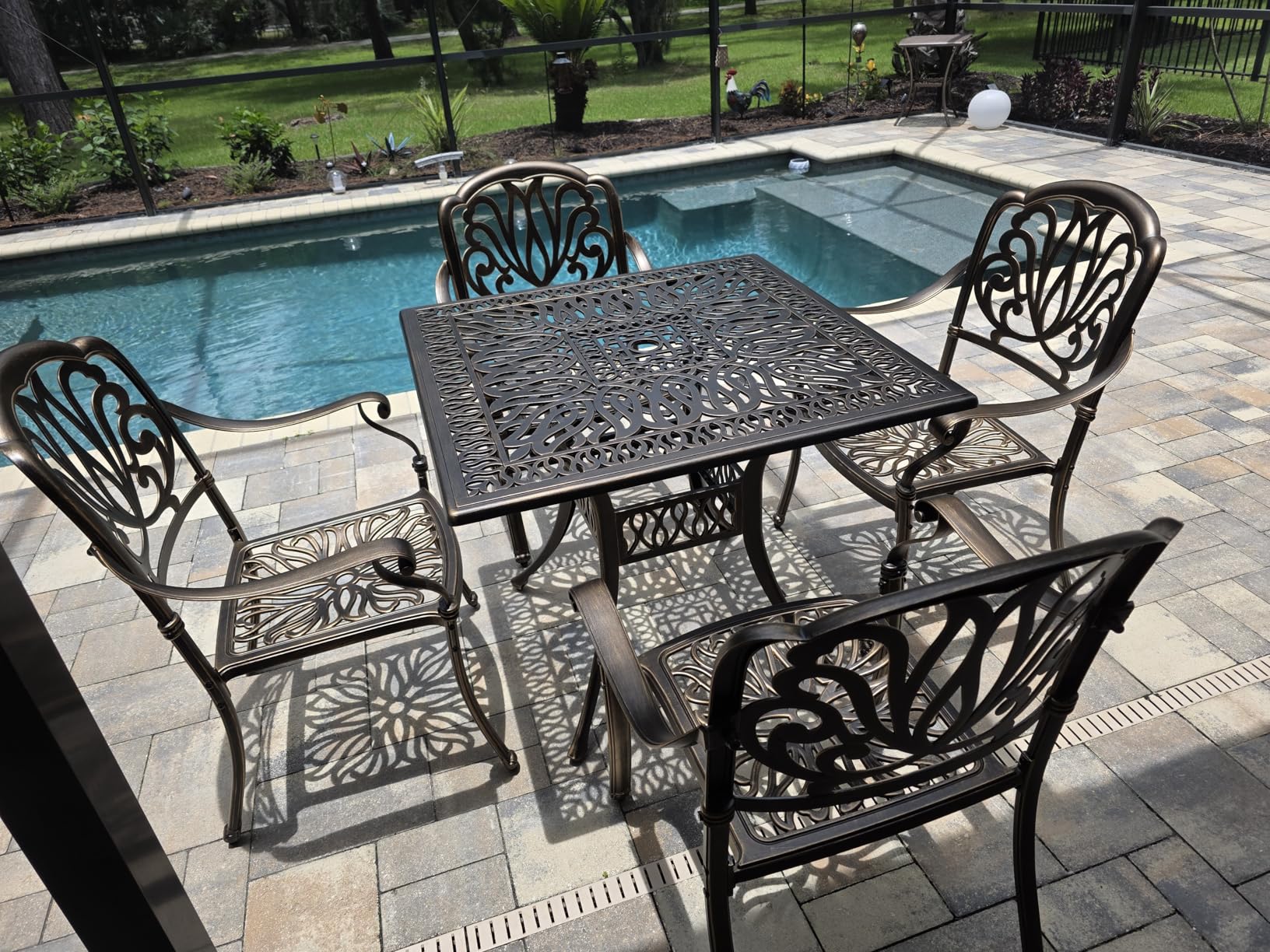 VINGLI 7-Piece Outdoor Dining Set, Cast Aluminum Patio Furniture Set for 6 with Umbrella Hole, Rectangular Outdoor Dining Table & 6 Stackable Chairs, All-Weather Garden/Poolside Dining Set Bronze customer photo 1