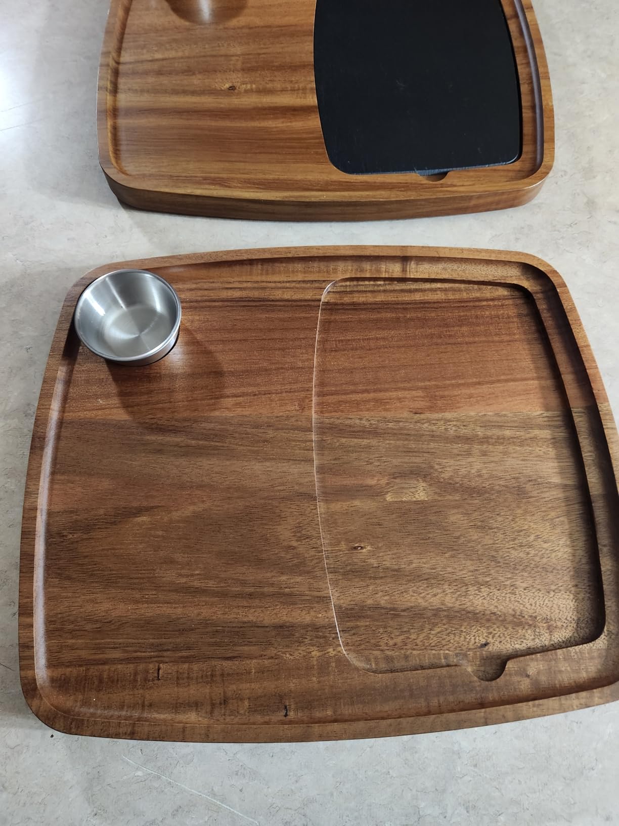 Acacia Wood Serving Plate with Sauce Cup & Removable Slate Insert for Meat Sausages Cheese, Steak Serving Tray Cutting Board Serving Platter Cheese Platter Perfect for Housewarming Christmas customer photo 1