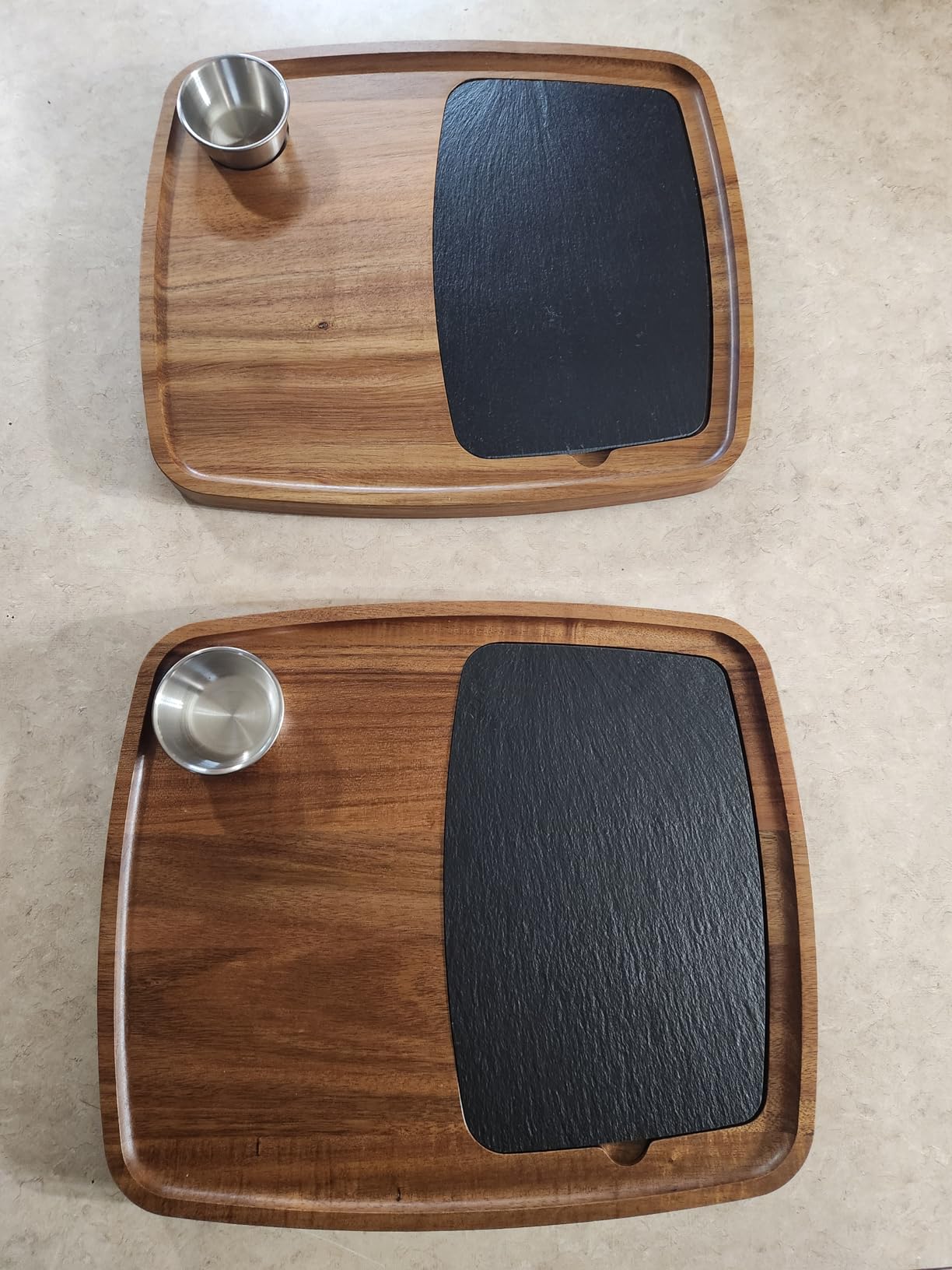 Acacia Wood Serving Plate with Sauce Cup & Removable Slate Insert for Meat Sausages Cheese, Steak Serving Tray Cutting Board Serving Platter Cheese Platter Perfect for Housewarming Christmas customer photo 2
