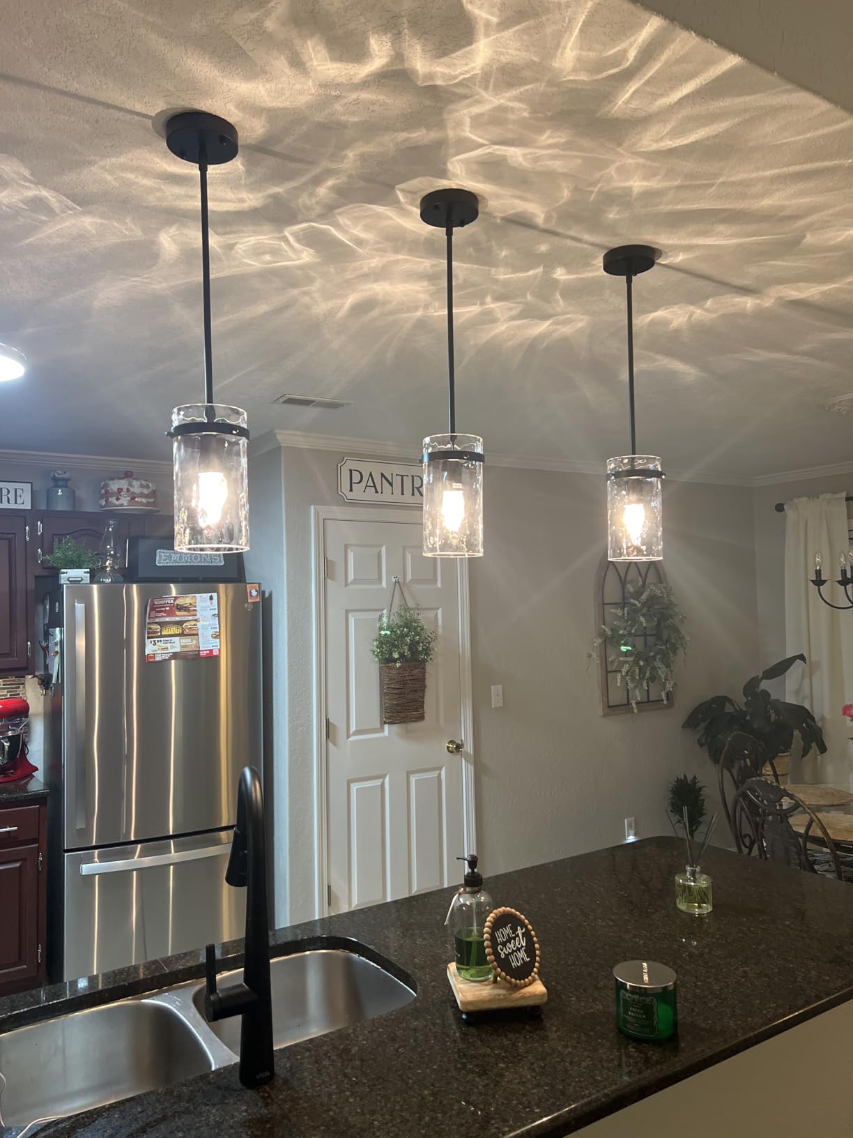 3 Pack Black Pendant Lights Kitchen Island, Modern Hammered Glass Kitchen Pendant Lighting Over Island Hanging Bathroom Light Fixtures Adjustable Pendant Light for Hallway Entryway Dining Room customer photo 1