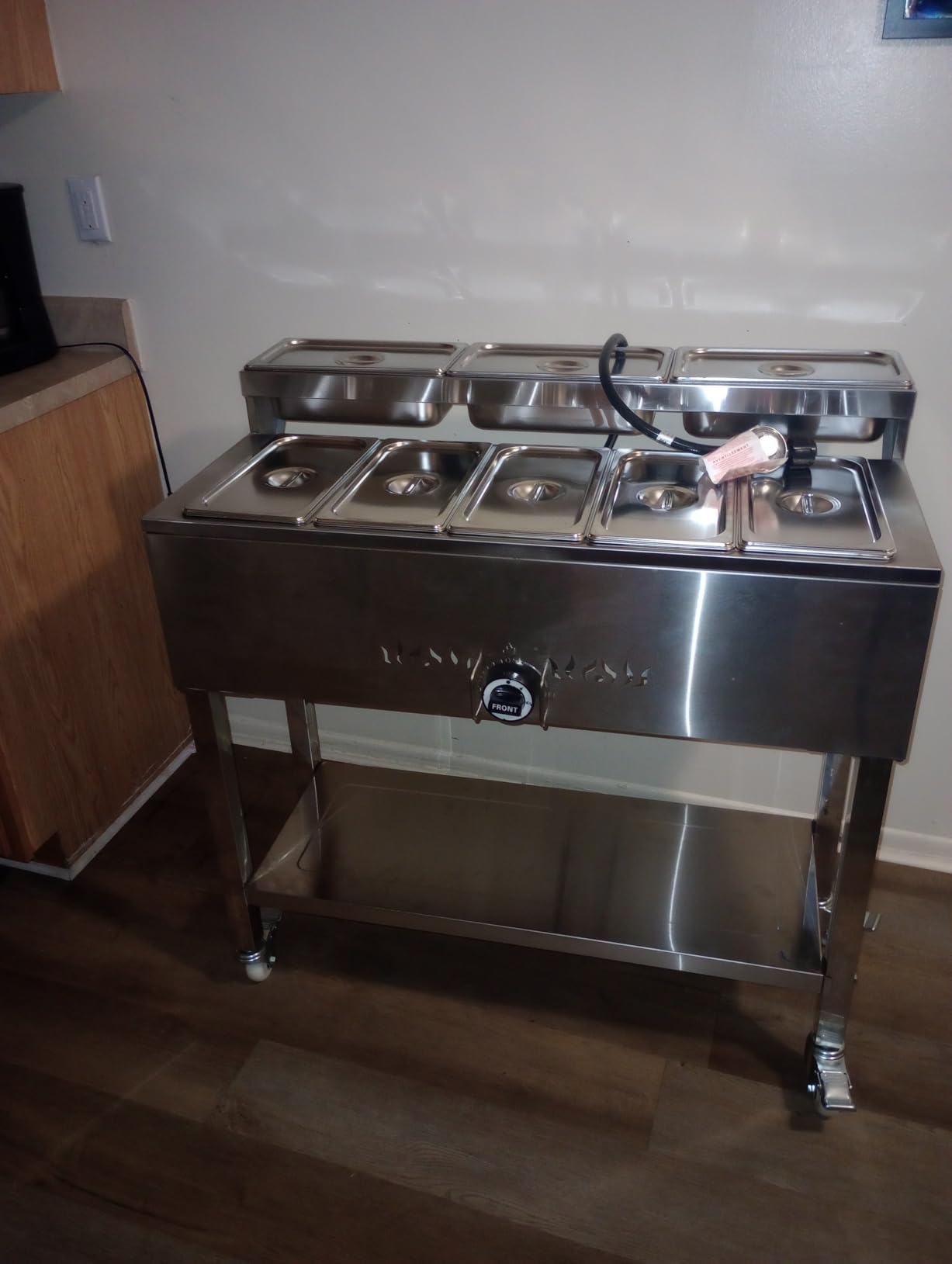 VEVOR Commercial Propane Steam Table, 5 Food Pans & 3 Condiment Pans, LP Gas Outdoor Soup Warmer with Drain Valve and 3