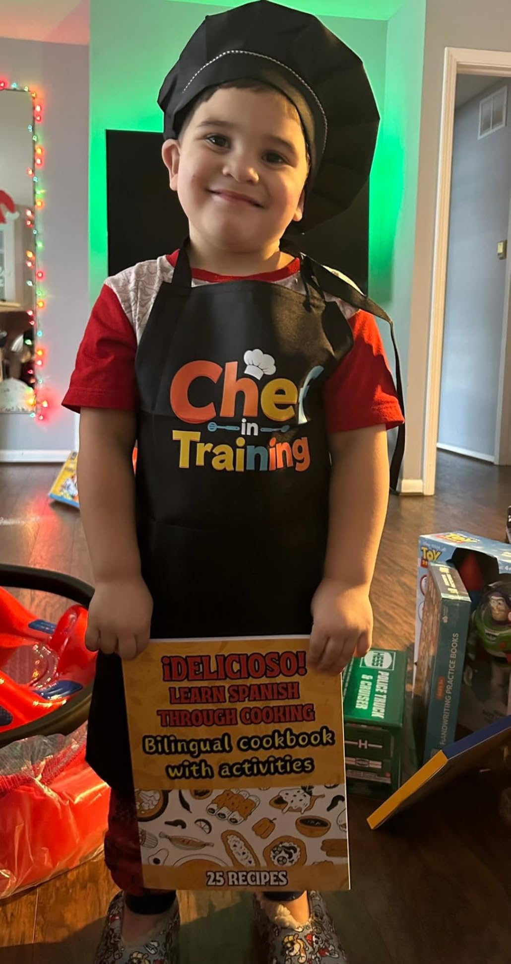Kids Chef Apron Hat Set - Adjustable Children's Cooking Apron with 2 Pockets, Black, for Boys Girls Age 3-8 customer photo 1