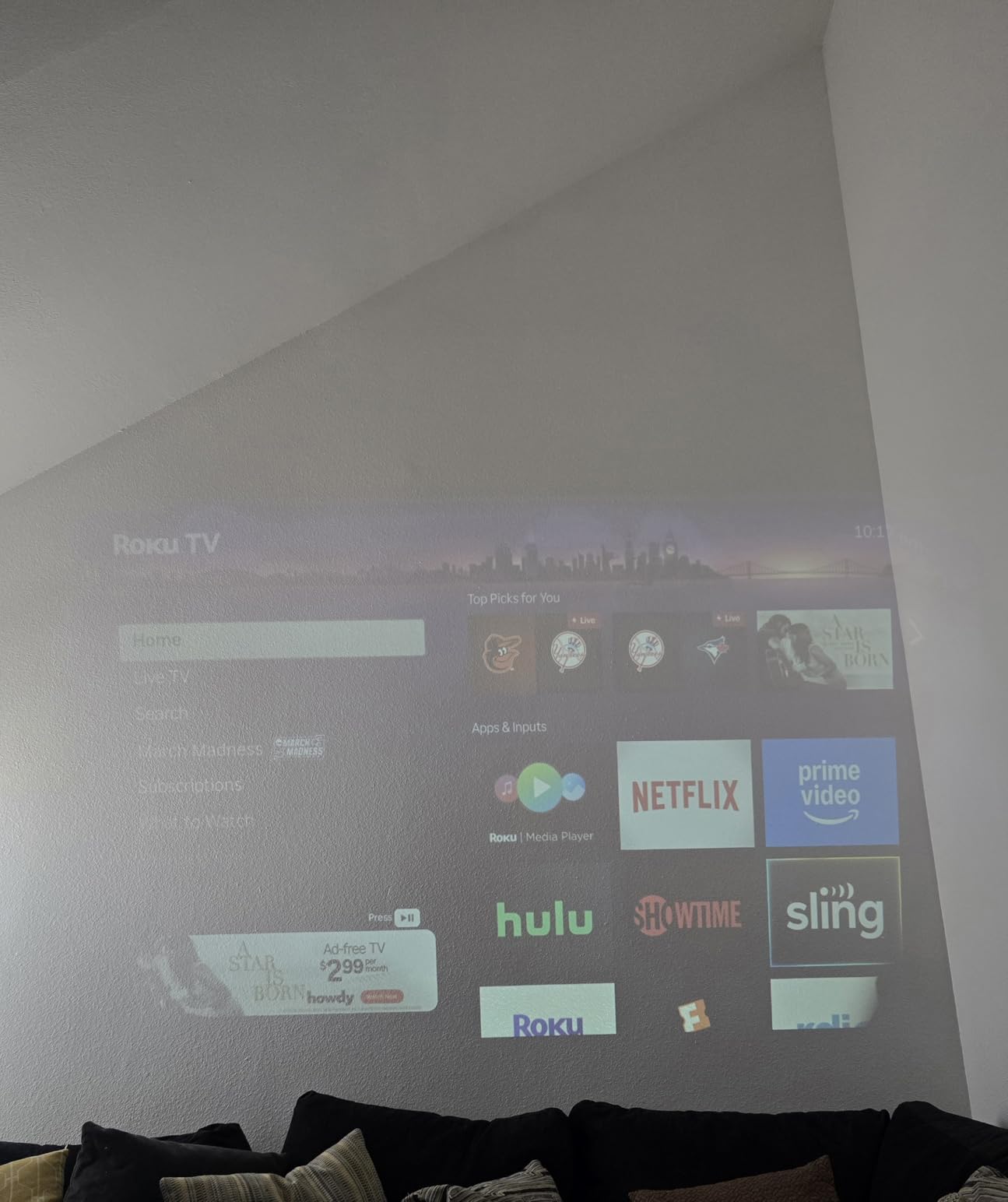 Aurzen Roku TV Smart Projector with Wifi and Bluetooth, Roku Streaming Experience Built-in, 1080P FHD, Dolby Audio, Auto Focus & Keystone, Zoom, Movie Portable Outdoor Mini Projector, White customer photo 1