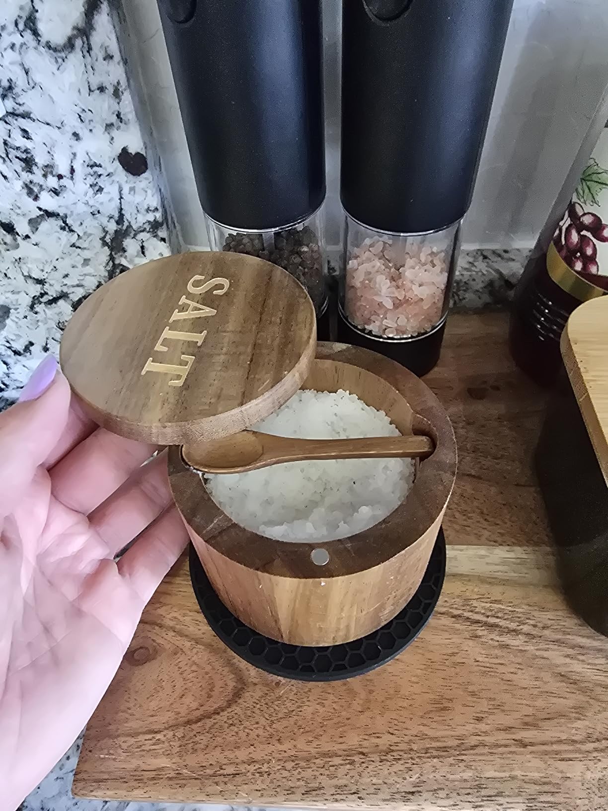 Salt Cellar, Acacia Wood Salt Container with Built-in Spoon & Swivel Lid, Engraved SALT Box, Salt Holder Bowl for Countertop Seasoning Storage customer photo 1