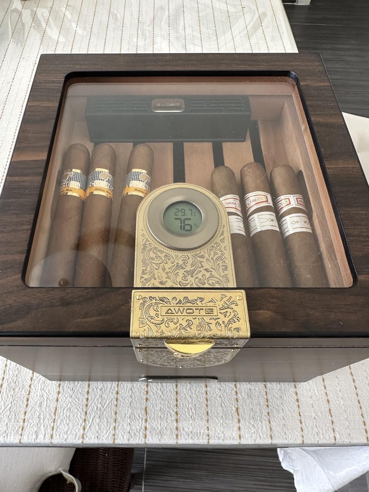 Cigar Humidor, Cedar Wood Humidor Cigar Box, Includes Leather Cigar Case, Cigar Tube, Digital Hygrometer and 2 Humidifiers, Glass Top Desktop Humidor with Accessory Drawer, Gift Set (Dark Brown) customer photo 2