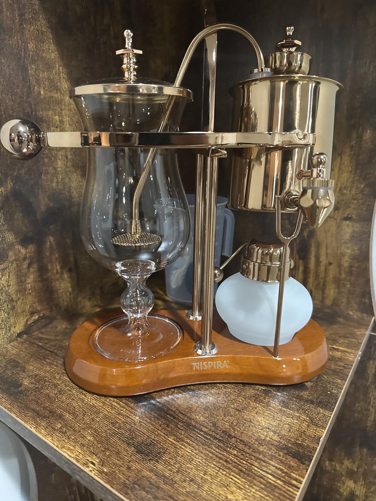 Nispira Belgian Balance Syphon Vacuum Coffee Maker, 500ml Vintage Gravity Brewing System, Gold & Peacock Blue Finish, Manual Tabletop Coffee Brewer customer photo 1
