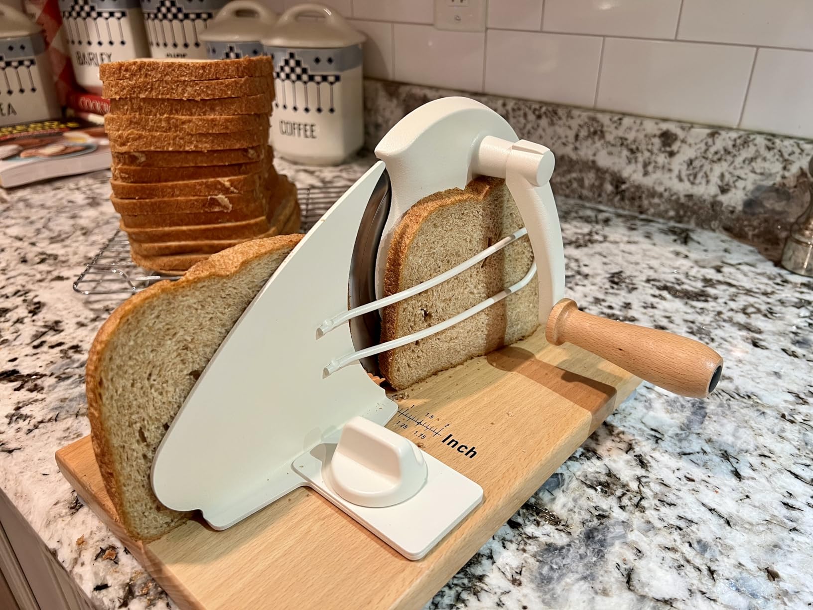 CAWIU Upgraded Manual Bread Slicer for Homemade Sourdough Bread - Adjustable Thickness Bread Cutter with Hand Crank, Suction Cups, Slicing Guide, Scale Line & Cover, for Perfect Even Slices (Black) customer photo 1