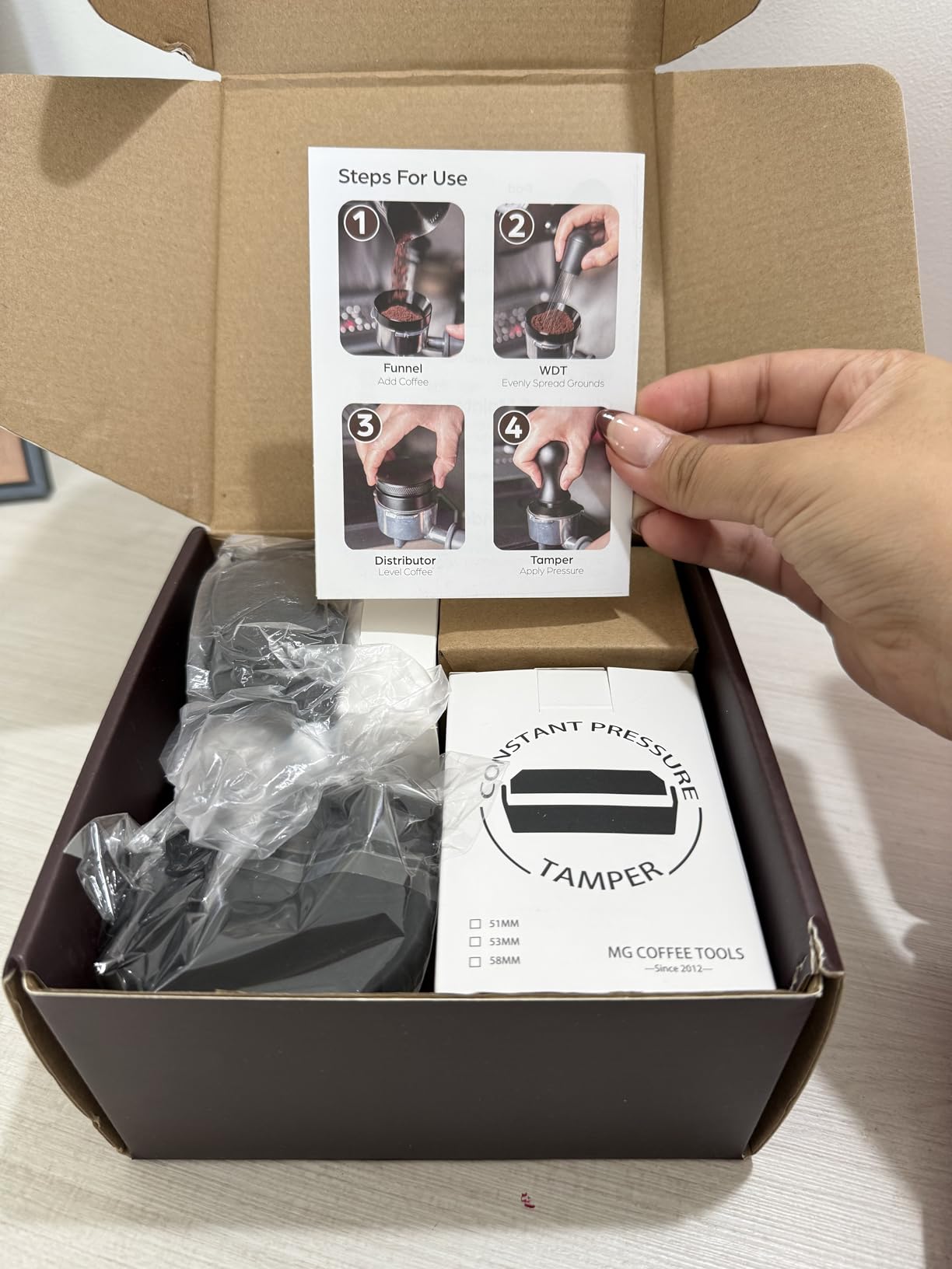 7 PCS Espresso Accessories Kit: 51mm Espresso Tamper, Coffee Distributor, Puck Screen, Dosing Funnel and WDT Tool, Premium Espresso Tool Set Fits Delonghi 51mm Machines and Portafilter customer photo 1