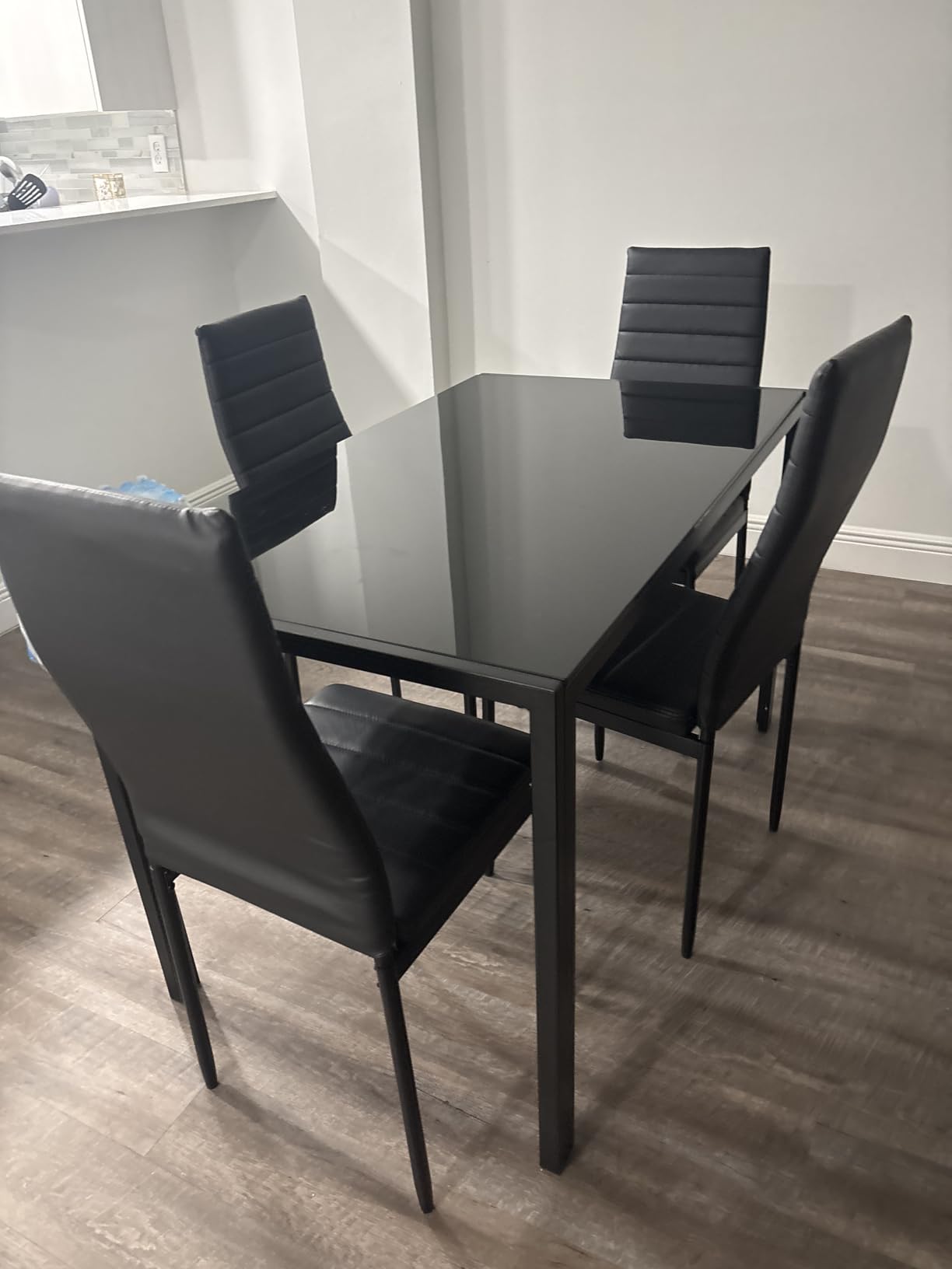 FDW | Dining Table Set for 4 | 5-Piece Glass Black Dining Table | Kitchen Table with 4 Upholstered Chairs and Faux Leather Cushions | Space-Saving and Modern Design | for Dining Room, Easy to Assemble customer photo 2