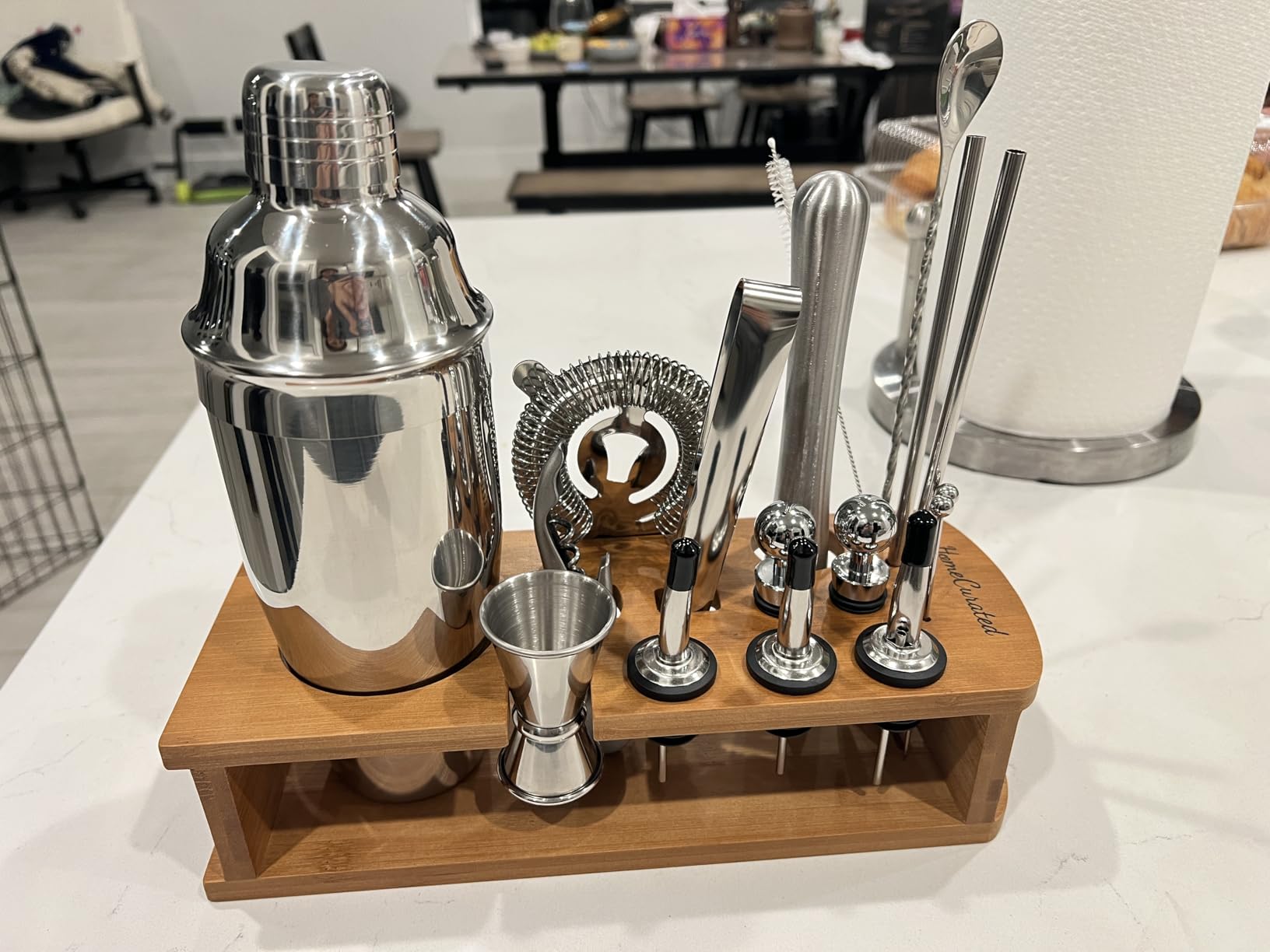 Cocktail Shaker Set, 24-Piece Bar Bartender Kit with Stand, Martini Shaker, Jigger, Strainer,Mixer Spoon,Muddler,Liquor Pourers,Tongs,Opener,LCE Ball Mold&LCE Cubes,Bottle Stoppers|Silver customer photo 2