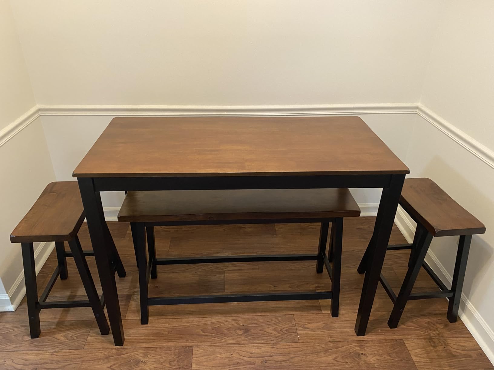 PHI VILLA Counter Height Table and Chairs, Solid Wood Dining Table Set for 4, High Top Kitchen Table Chairs Set of 4, Farmhouse Kitchen Table Set with Bench and Chairs, Walnut with Black customer photo 1