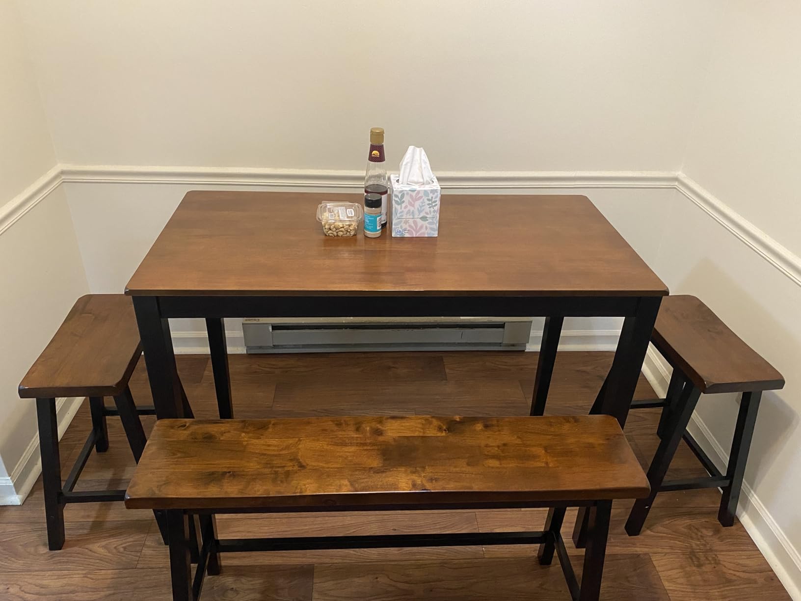 PHI VILLA Counter Height Table and Chairs, Solid Wood Dining Table Set for 4, High Top Kitchen Table Chairs Set of 4, Farmhouse Kitchen Table Set with Bench and Chairs, Walnut with Black customer photo 2