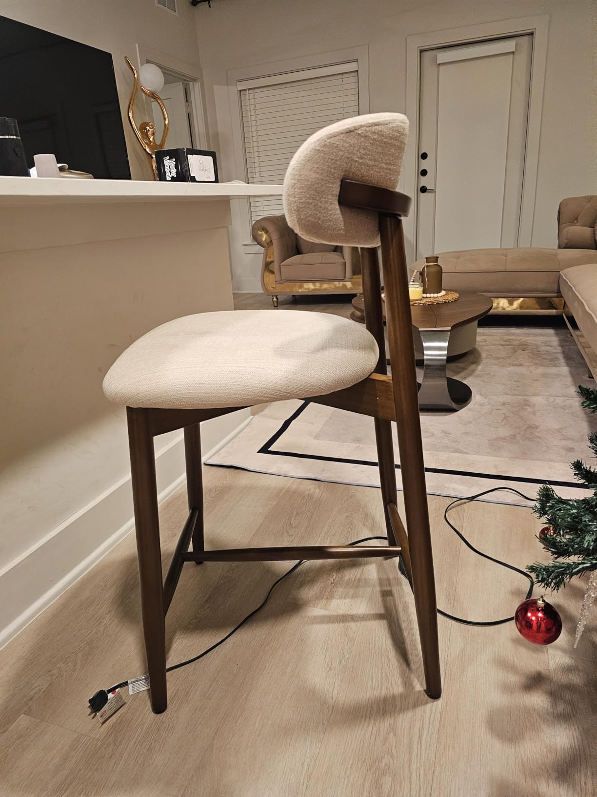 COLAMY Counter Height Bar Stools Set of 2, Kitchen Bar Stools with Back, Mid Century Modern Upholstered, with Wood Legs for Kitchen Island Dining Room, Beige customer photo 2