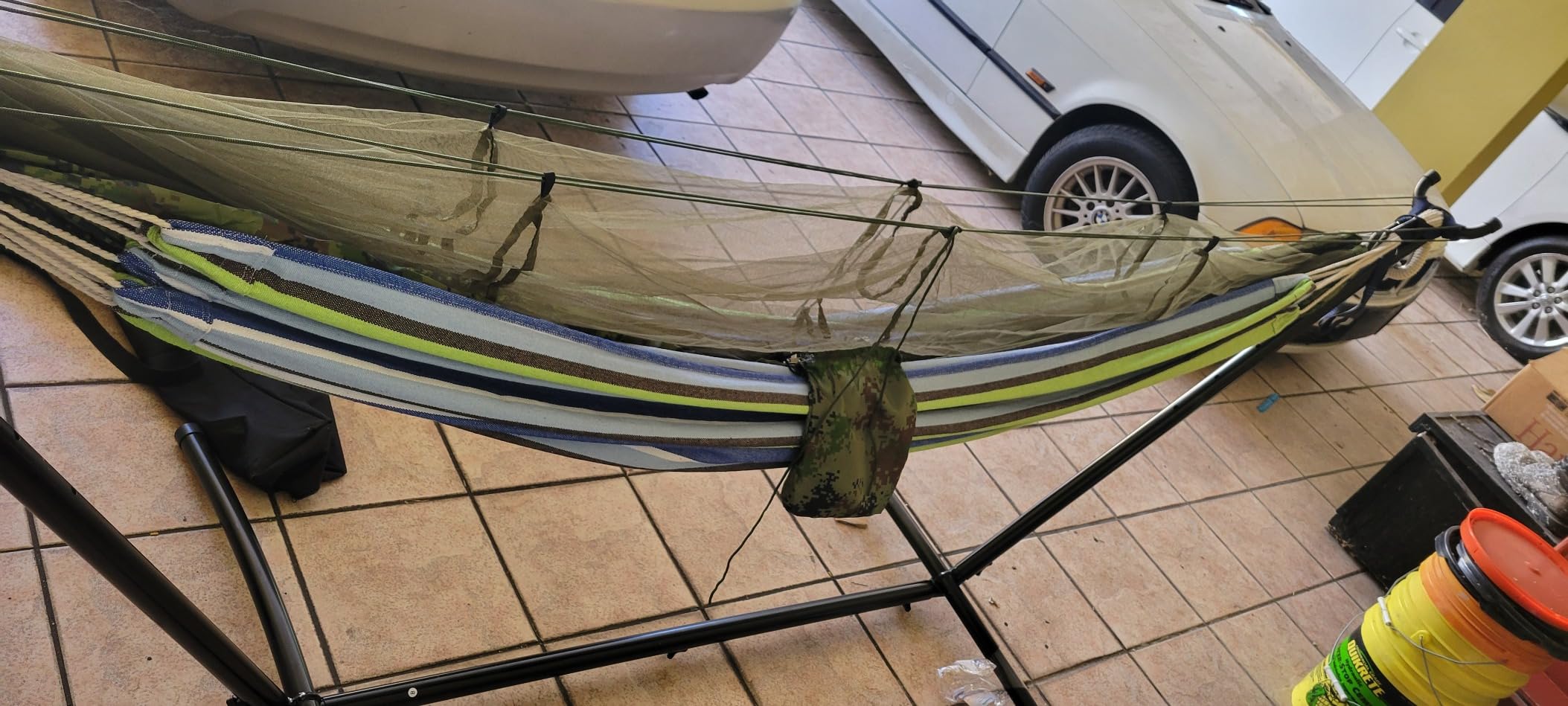 Backyard Expressions Double Camping Hammock with Steel Stand & Carrying Bag, Adjustable Height, Ultra Soft Cotton Blend, 550 lb Capacity, Indoor & Outdoor Portable Hammock customer photo 2