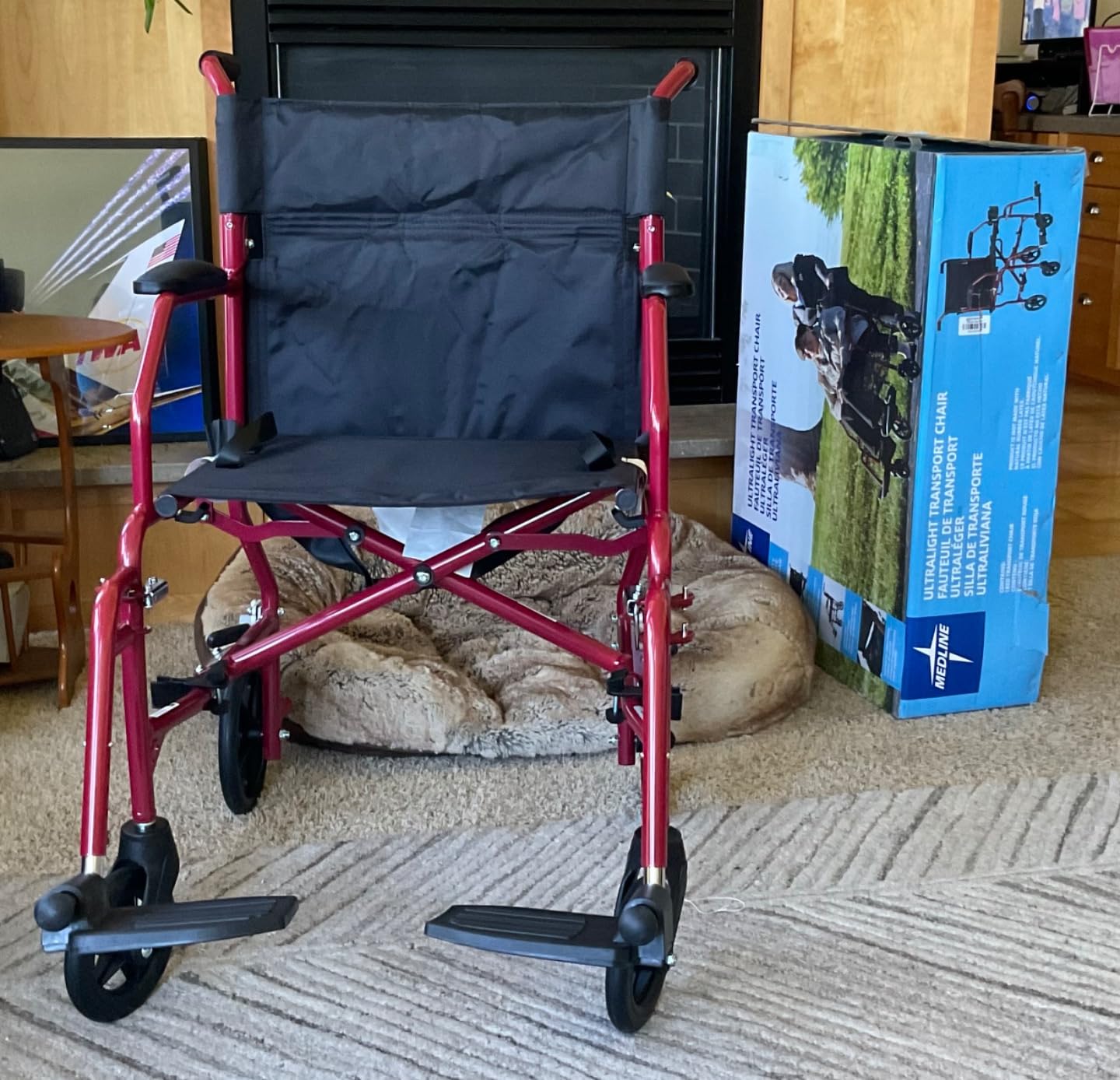 Medline Ultra Lightweight Transport Wheelchair for Adults, Foldable, 19-Inch Seat Width, Red Frame, Black Upholstery customer photo 2