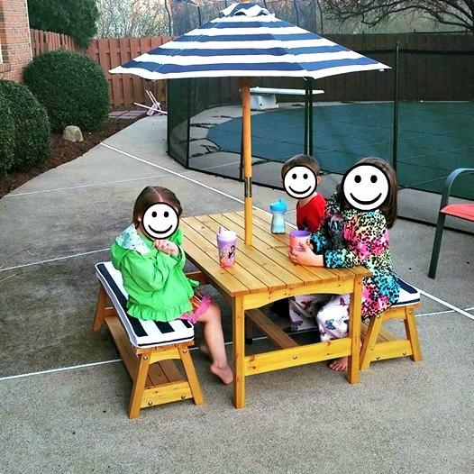 KidKraft Outdoor Wooden Table & Bench Set with Cushions and Umbrella, Kids Backyard Furniture, Navy and White Stripe Fabric customer photo 2