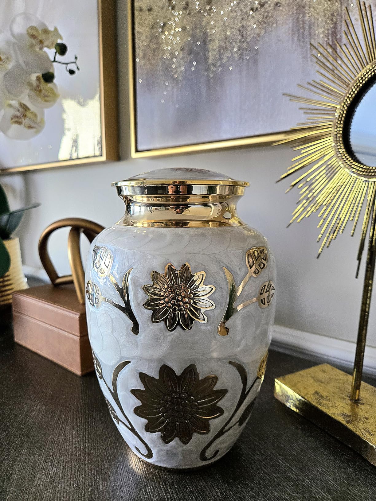 White and Gold Flower Funeral Urn by Liliane Memorials - Cremation Urn for Human Ashes - Brass - Suitable for Cemetery Burial or Niche - Large Size for Adults up to 200 lbs - Rose Lisette customer photo 1