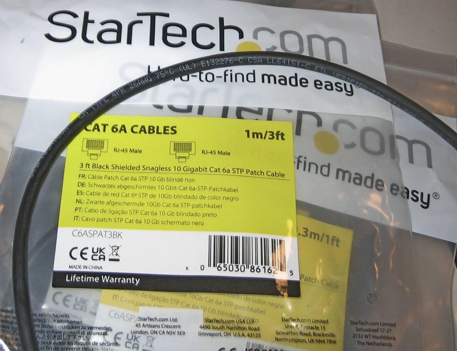 StarTech 3ft CAT6a Ethernet Cable - 10 Gigabit Shielded Snagless RJ45 100W PoE Patch Cord - 10GbE STP Network Cable with Strain Relief - Black - UL, TIA customer photo 2