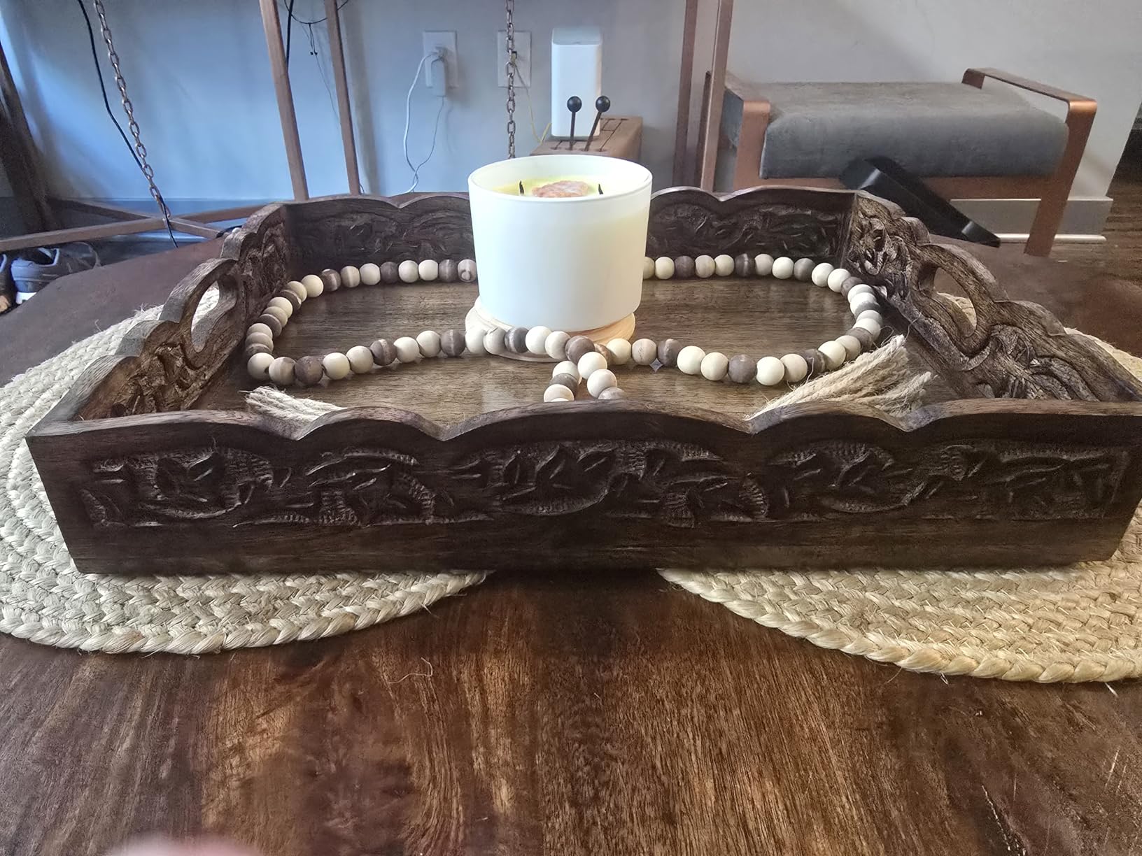 Hand Carved Wooden Serving Tray - Decorative Breakfast Tray with Handles - Rustic Wooden Food Tray with Intricate Detail - Natural Finish - 17 x 13 x 2.5 Inch - COTTON CRAFT customer photo 1