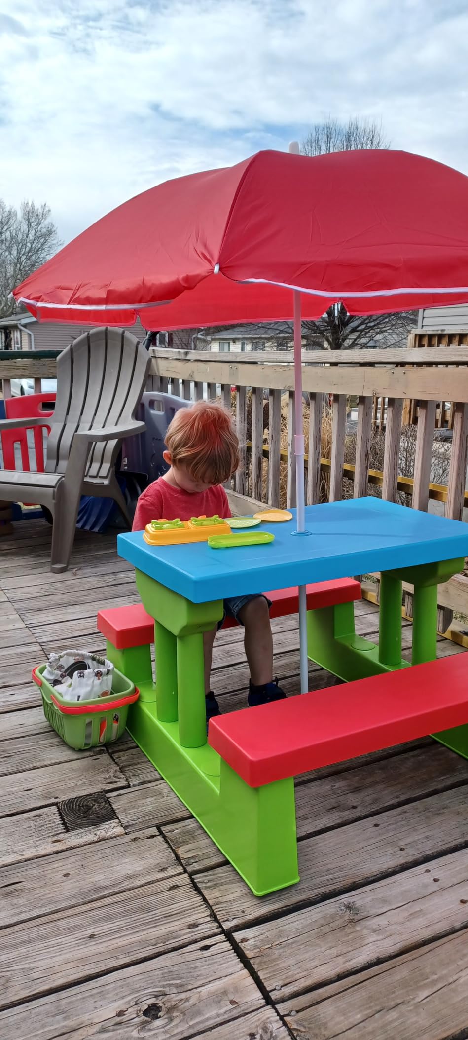 Costzon Kids Picnic Table, Indoor & Outdoor Plastic Table and Bench with Removable Umbrella, Portable Toddler Picnic Table and Chair Set for Garden, Backyard, Patio customer photo 2