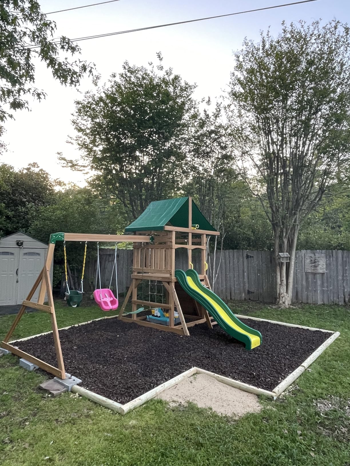 Backyard Discovery Mount McKinley Cedar Wood Swing Set with Wave Slide, Play Deck, Double Rock Wall, Rope Ladder, Web Swing, Belt Swings, Toy Telescope, Steering Wheel, Sandbox Area, Outdoor Playset customer photo 2