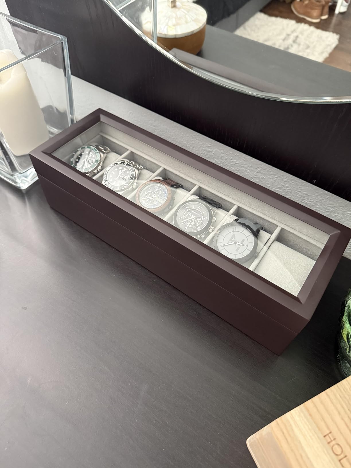 CASE ELEGANCE Solid Espresso Wood Watch Box Organizer with Glass Display Top customer photo 1