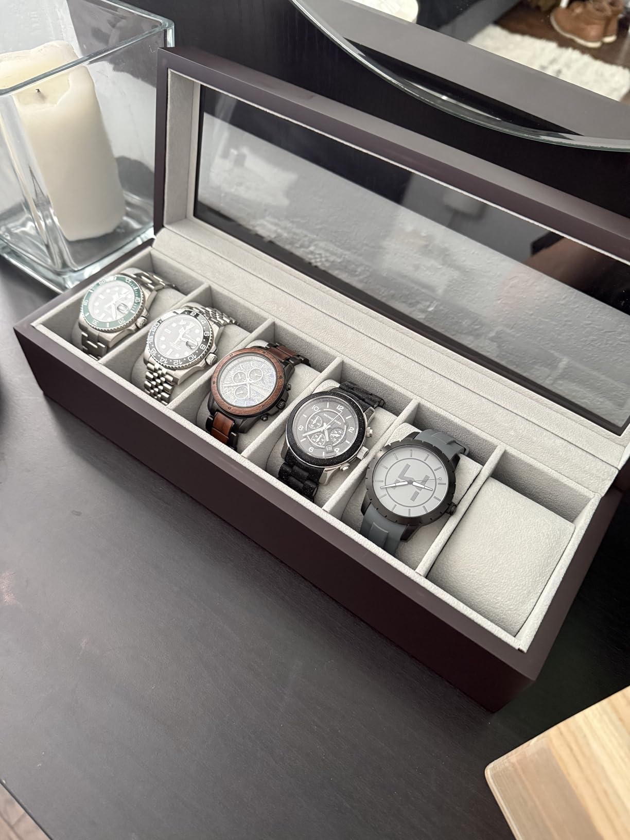 CASE ELEGANCE Solid Espresso Wood Watch Box Organizer with Glass Display Top customer photo 2
