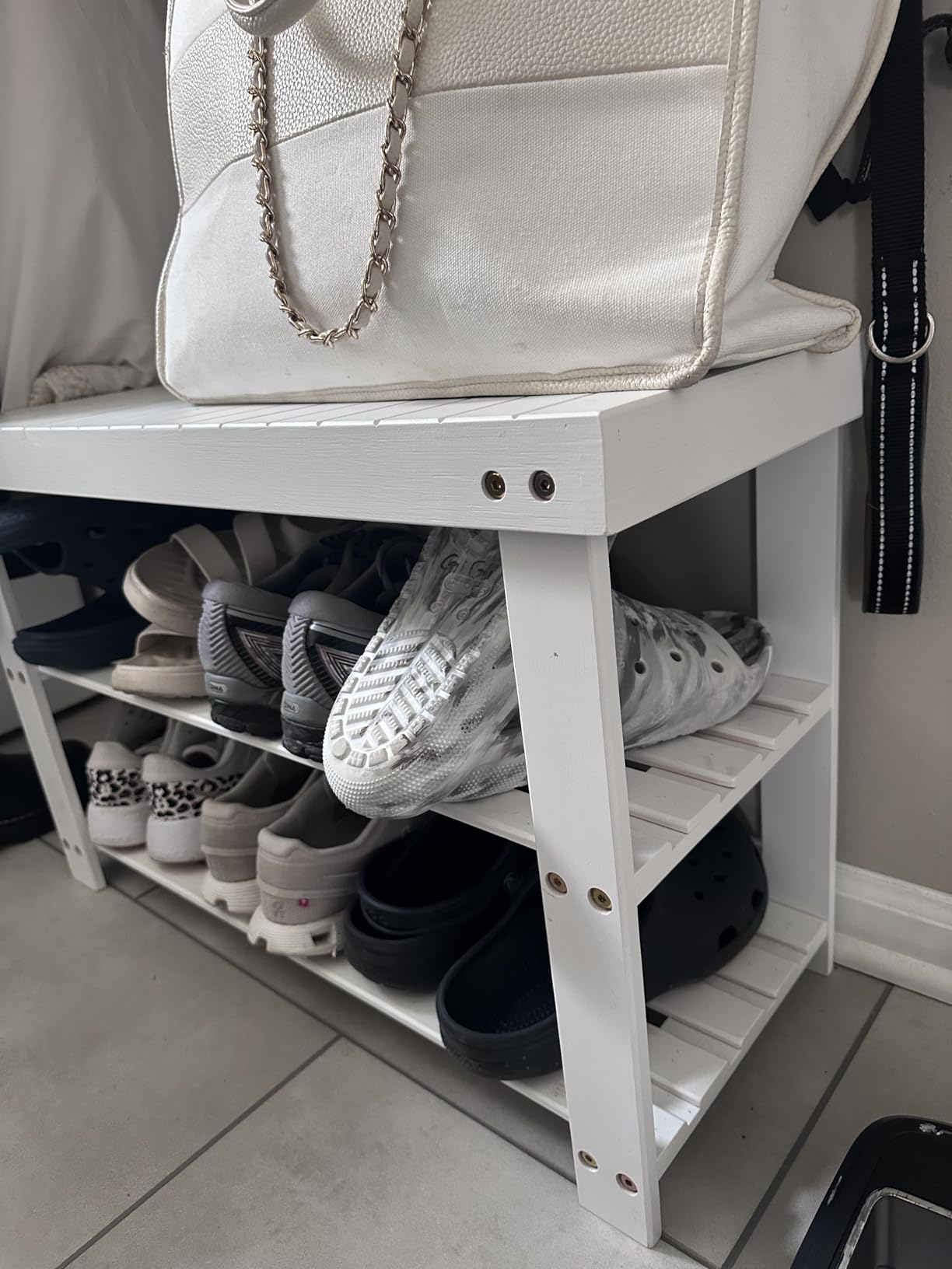 SONGMICS Shoe Rack Bench, 3-Tier Bamboo Shoe Storage Organizer, Entryway Bench, Holds Up to 286 lb, 11.3 x 27.6 x 17.8 Inches, Ink Black customer photo 1