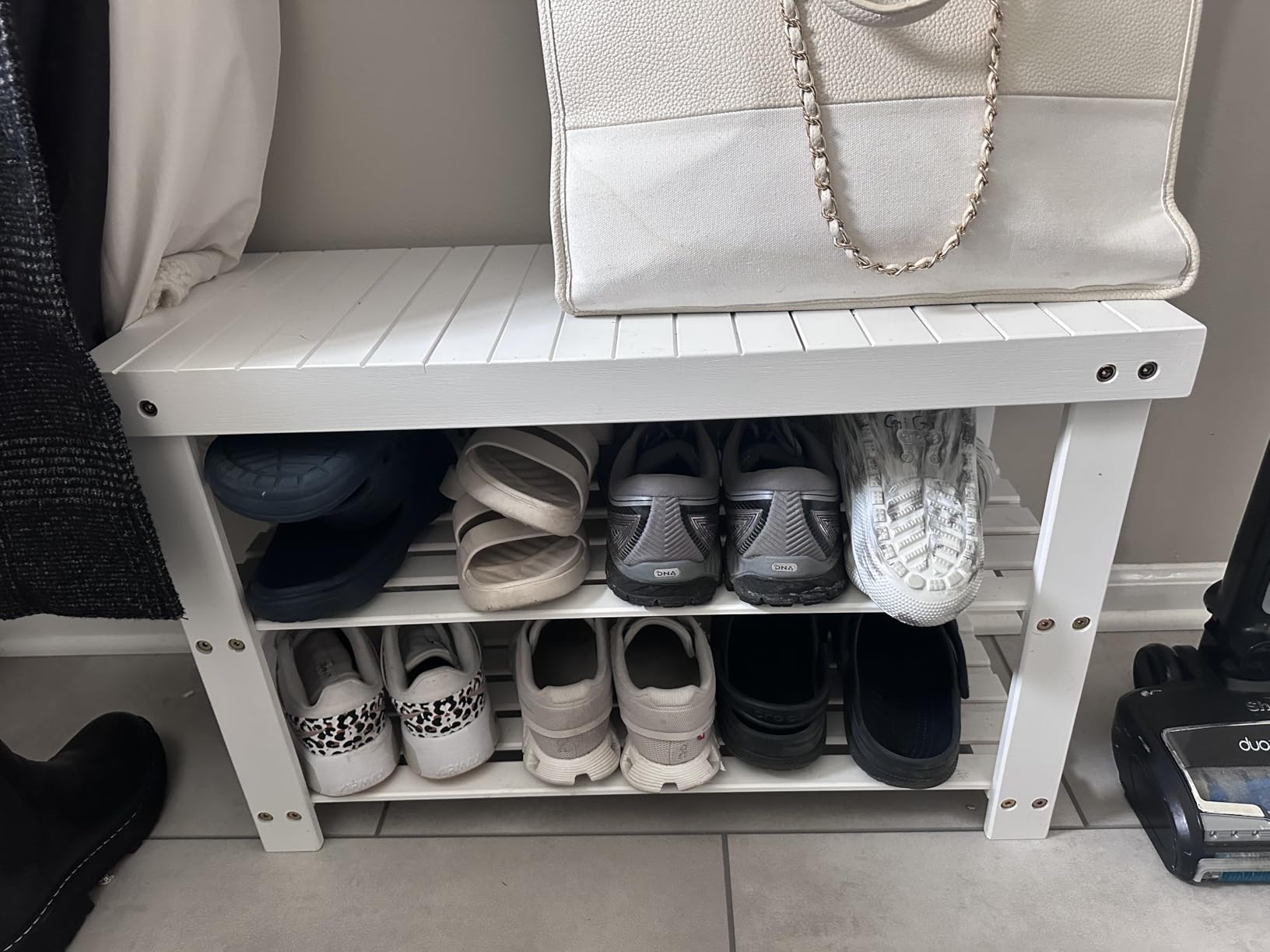 SONGMICS Shoe Rack Bench, 3-Tier Bamboo Shoe Storage Organizer, Entryway Bench, Holds Up to 286 lb, 11.3 x 27.6 x 17.8 Inches, Ink Black customer photo 2