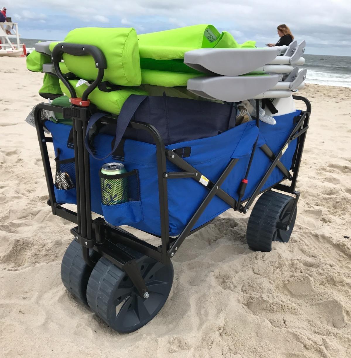 MacSports All Terrain Beach Wagon with Side Table | Heavy Duty Collapsible Folding Cart with Large Wheels for Beach Day, Picnic, Camping, Outdoor Activities | Blue/Black customer photo 2