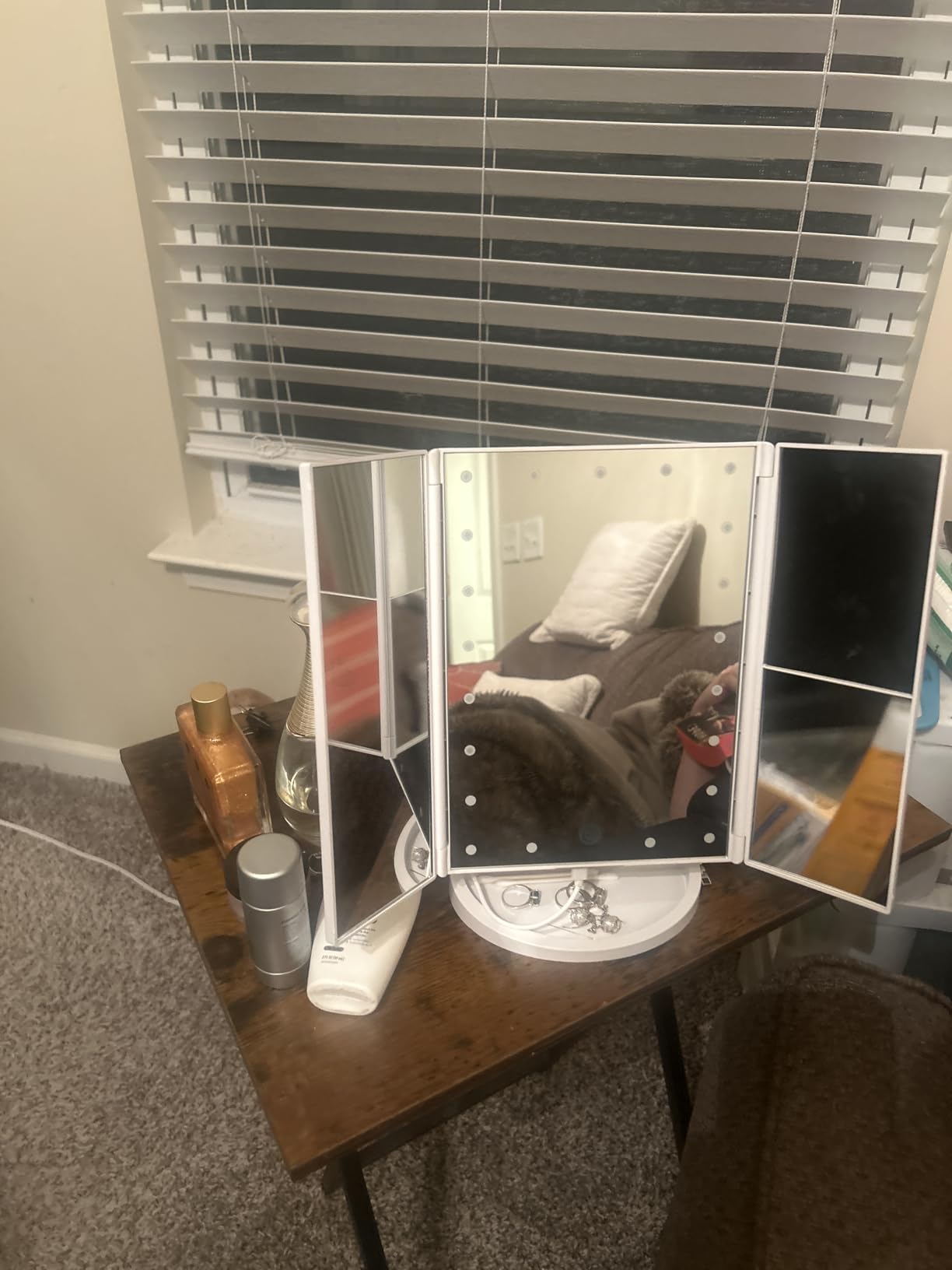 deweisn Dresser Mount Tri-Fold Lighted Vanity Mirror with 21 LED Lights, Touch Screen and 3X/2X/1X Magnification, Two Power Supply Modes Make Up Mirror,Travel Mirror customer photo 1